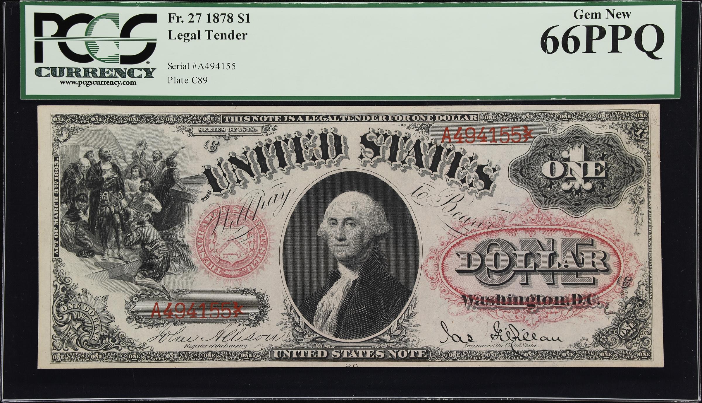 image for: Fr. 27. 1878 $1 Legal Tender Note. PCGS Currency Gem New 66 PPQ.