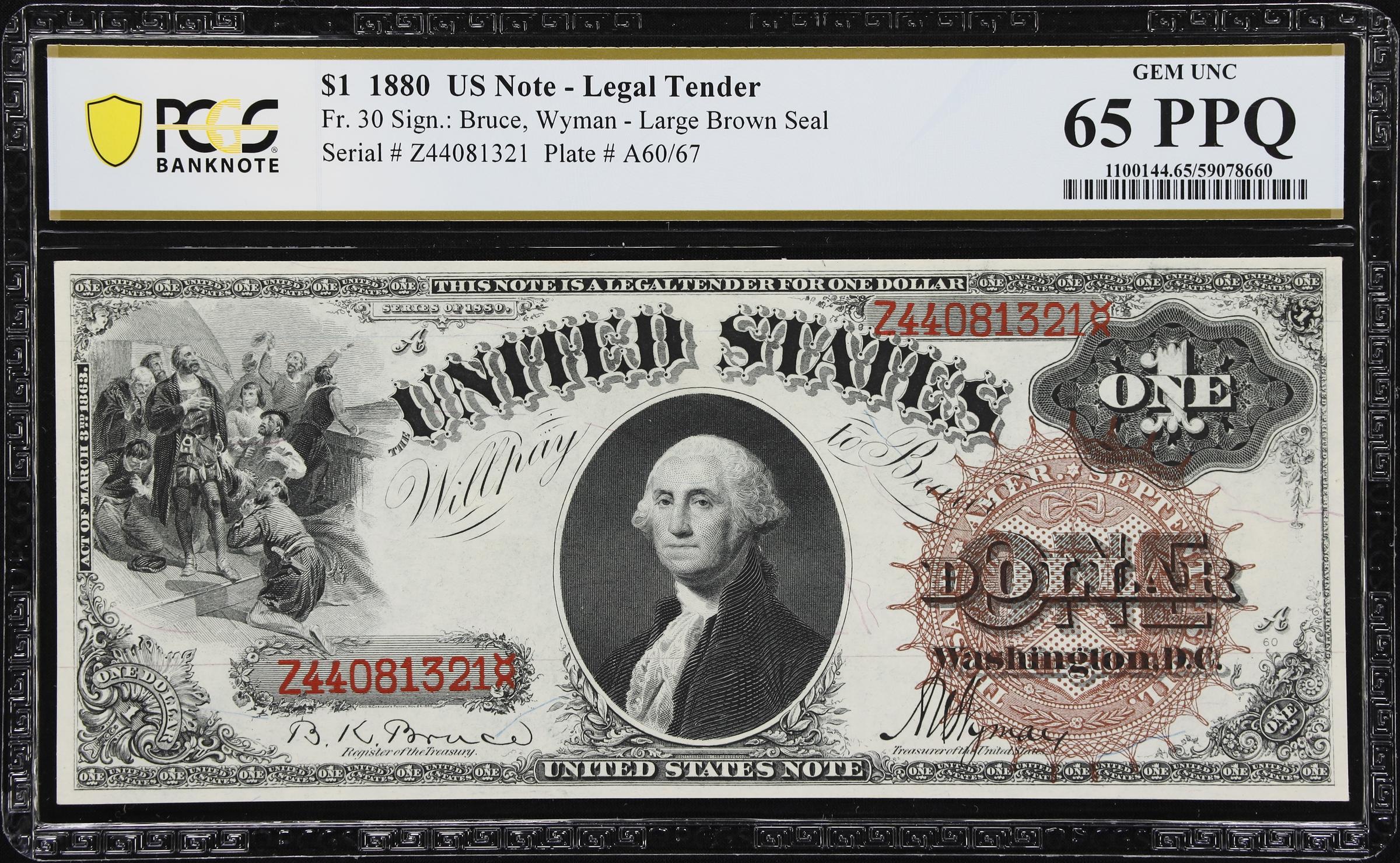 image for: Fr. 30. 1880 $1 Legal Tender Note. PCGS Banknote Gem Uncirculated 65 PPQ.