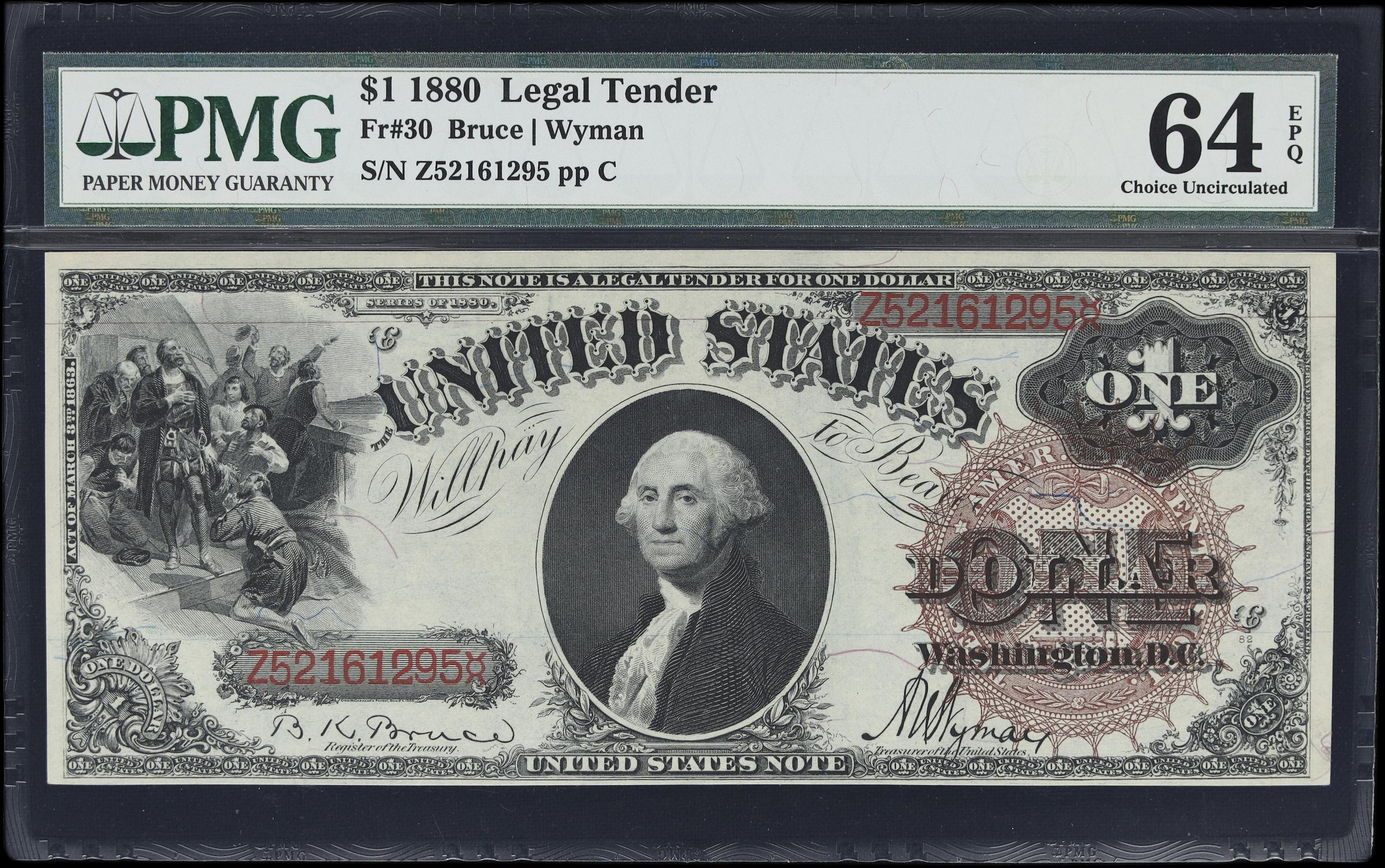 image for: Fr. 30. 1880 $1 Legal Tender Note. PMG Choice Uncirculated 64 EPQ.
