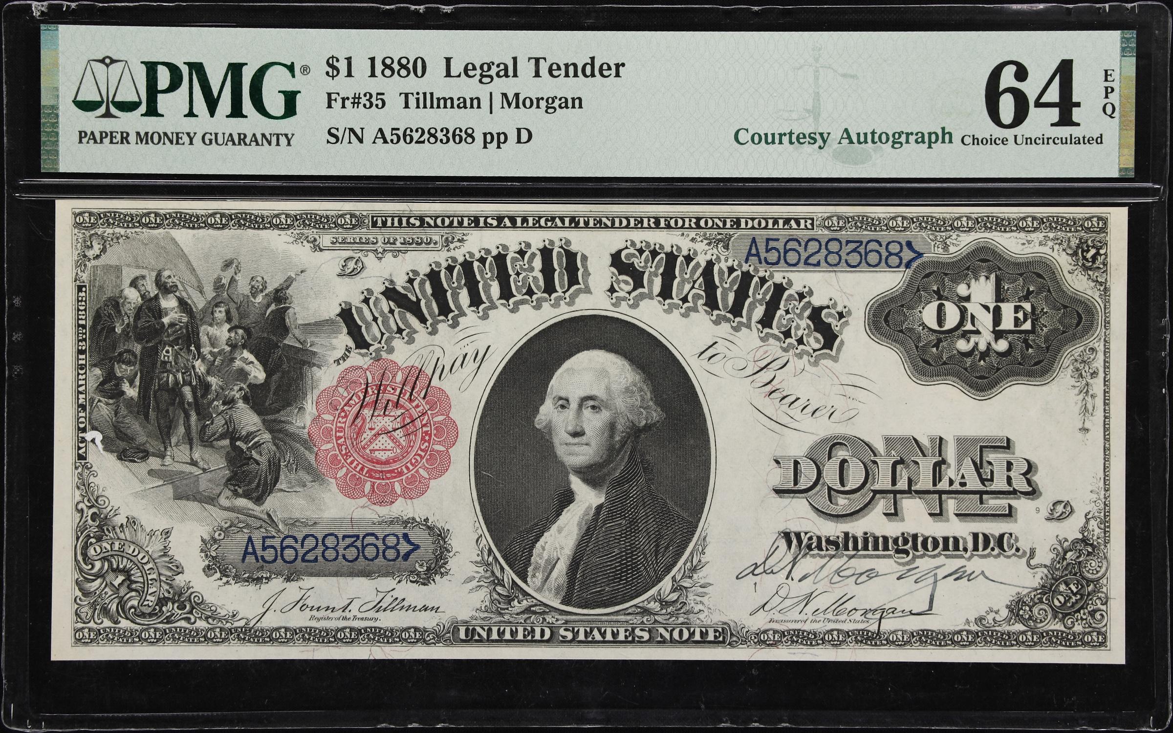 image for: Fr. 35. 1880 $1 Legal Tender Note. PMG Choice Uncirculated 64 EPQ. Daniel N. Morgan Courtesy Autograph.