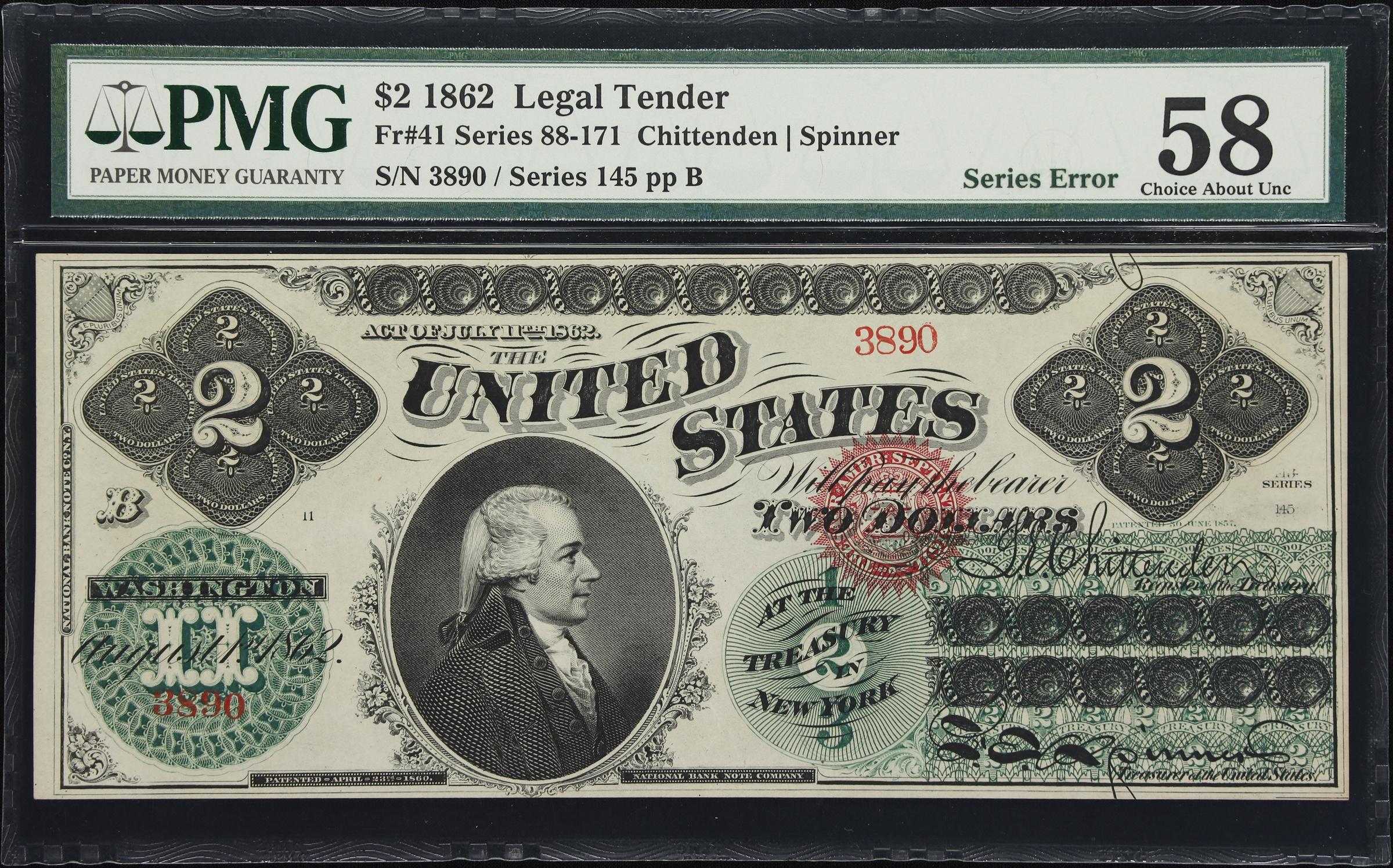 image for: Fr. 41. 1862 $2 Legal Tender Note. PMG Choice About Uncirculated 58. Series Error.