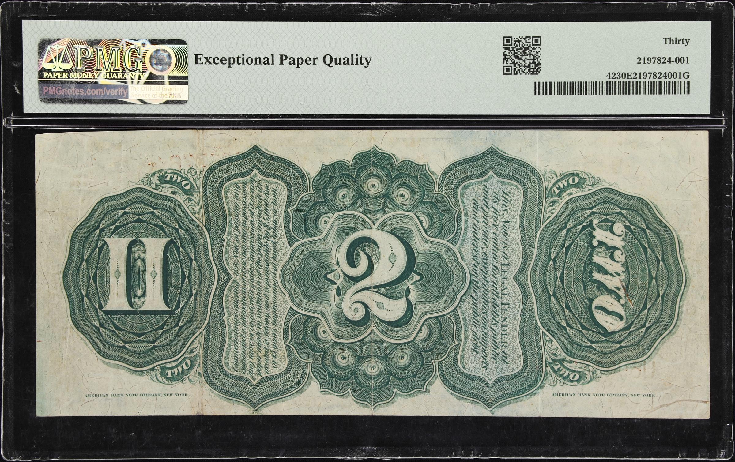 image for: Fr. 42. 1869 $2 Legal Tender Note. PMG Very Fine 30 EPQ.