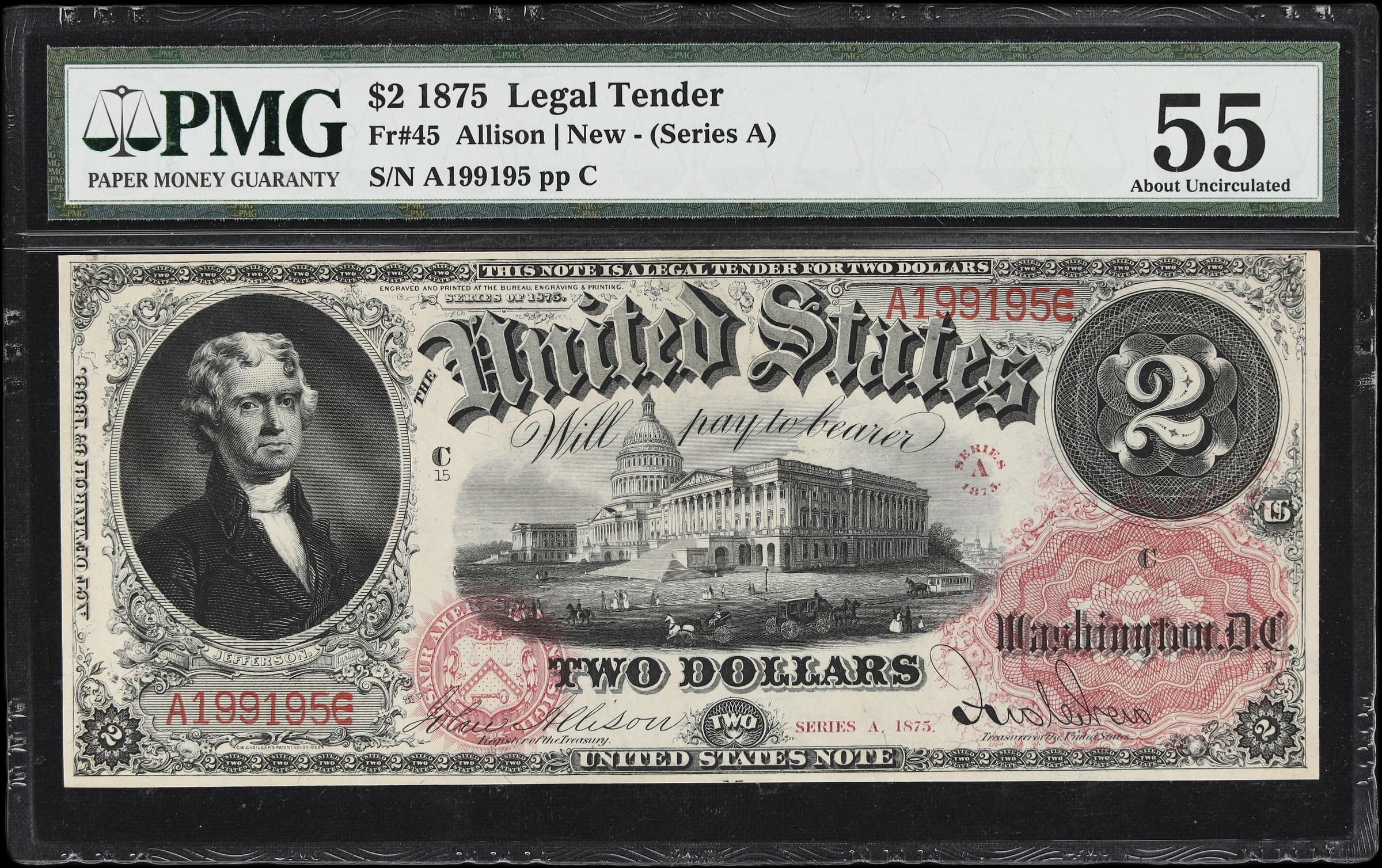 image for: Fr. 45. 1875 $2 Legal Tender Note. PMG About Uncirculated 55.