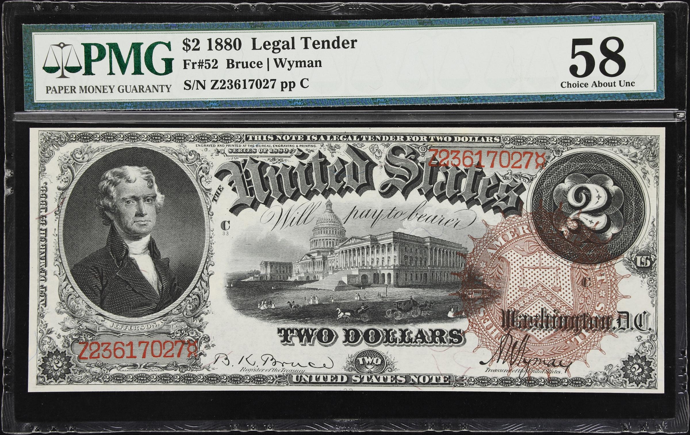 image for: Fr. 52. 1880 $2 Legal Tender Note. PMG Choice About Uncirculated 58.