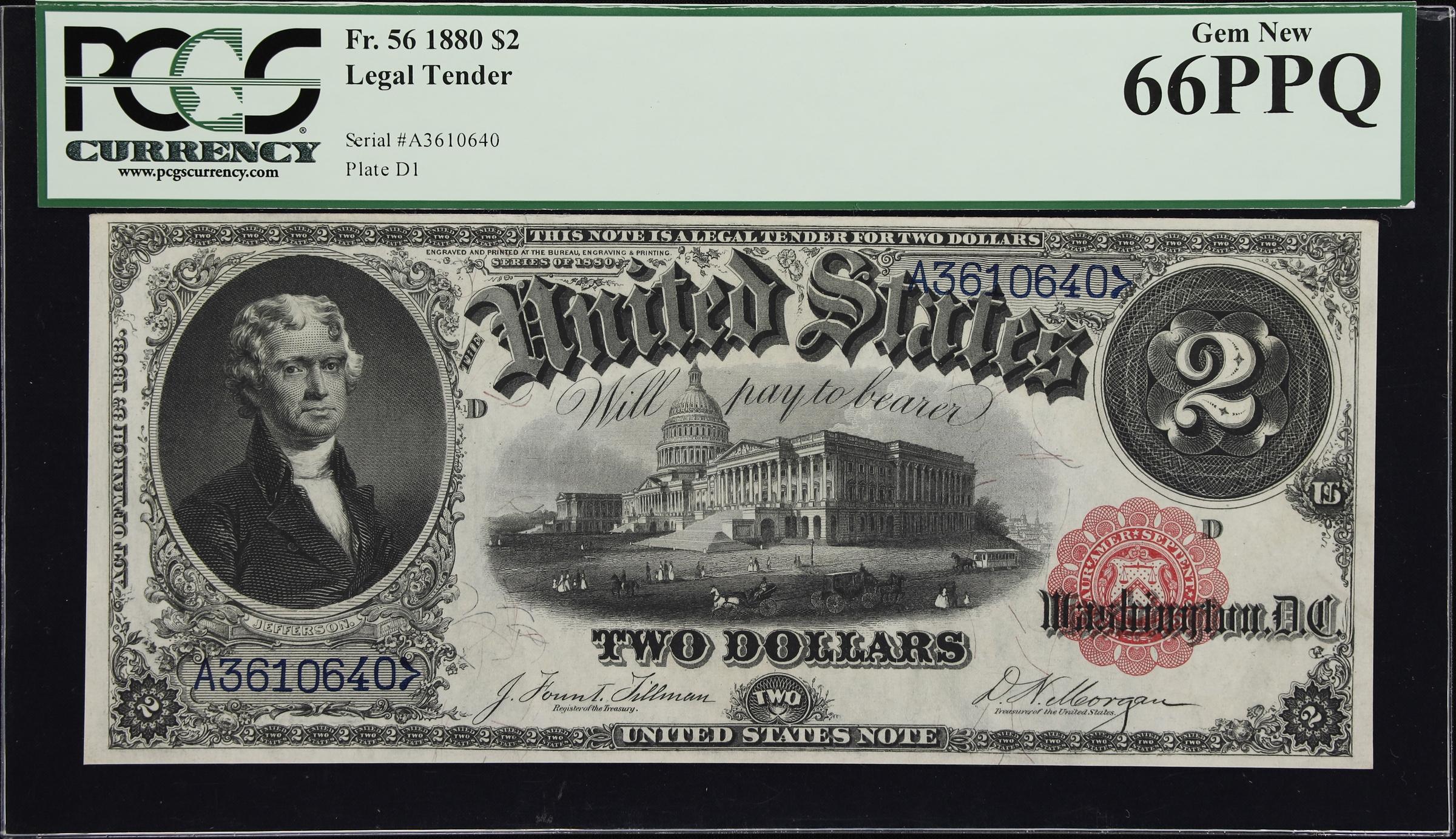 image for: Fr. 56. 1880 $2 Legal Tender Note. PCGS Currency Gem New 66 PPQ.