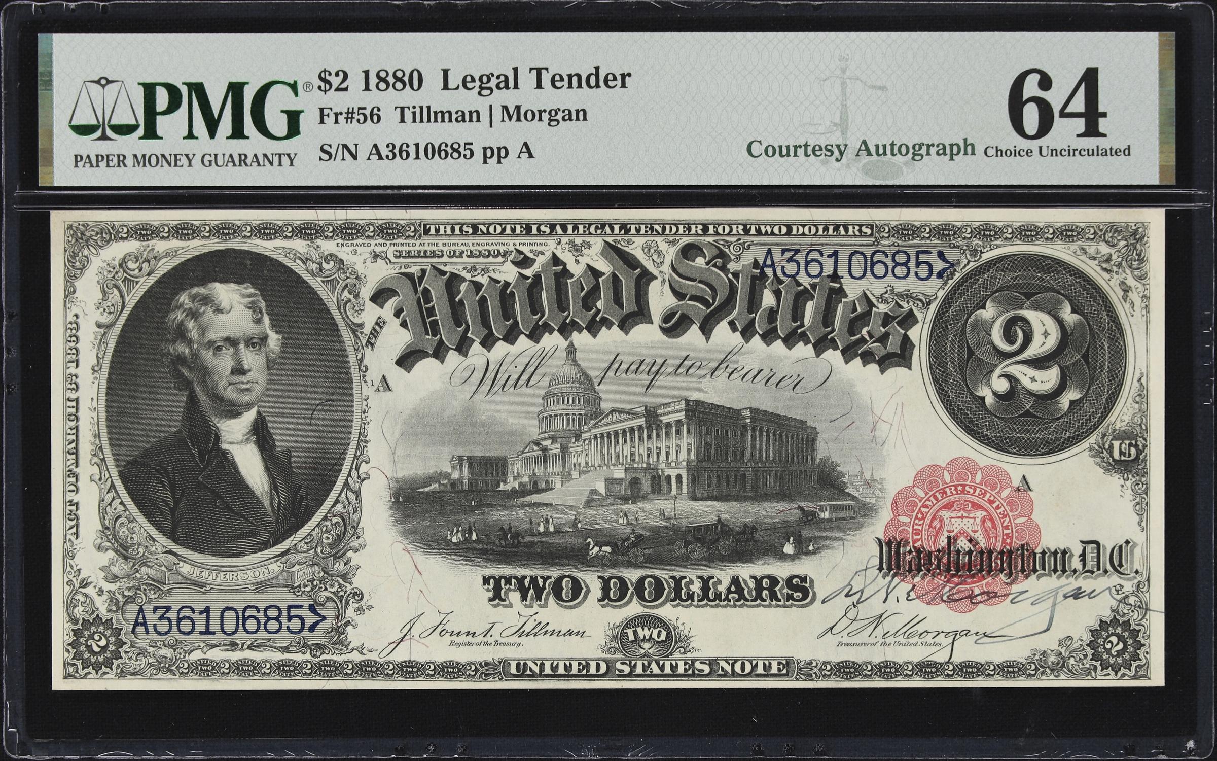 image for: Fr. 56. 1880 $2 Legal Tender Note. PMG Choice Uncirculated 64. D.N. Morgan Courtesy Autograph.