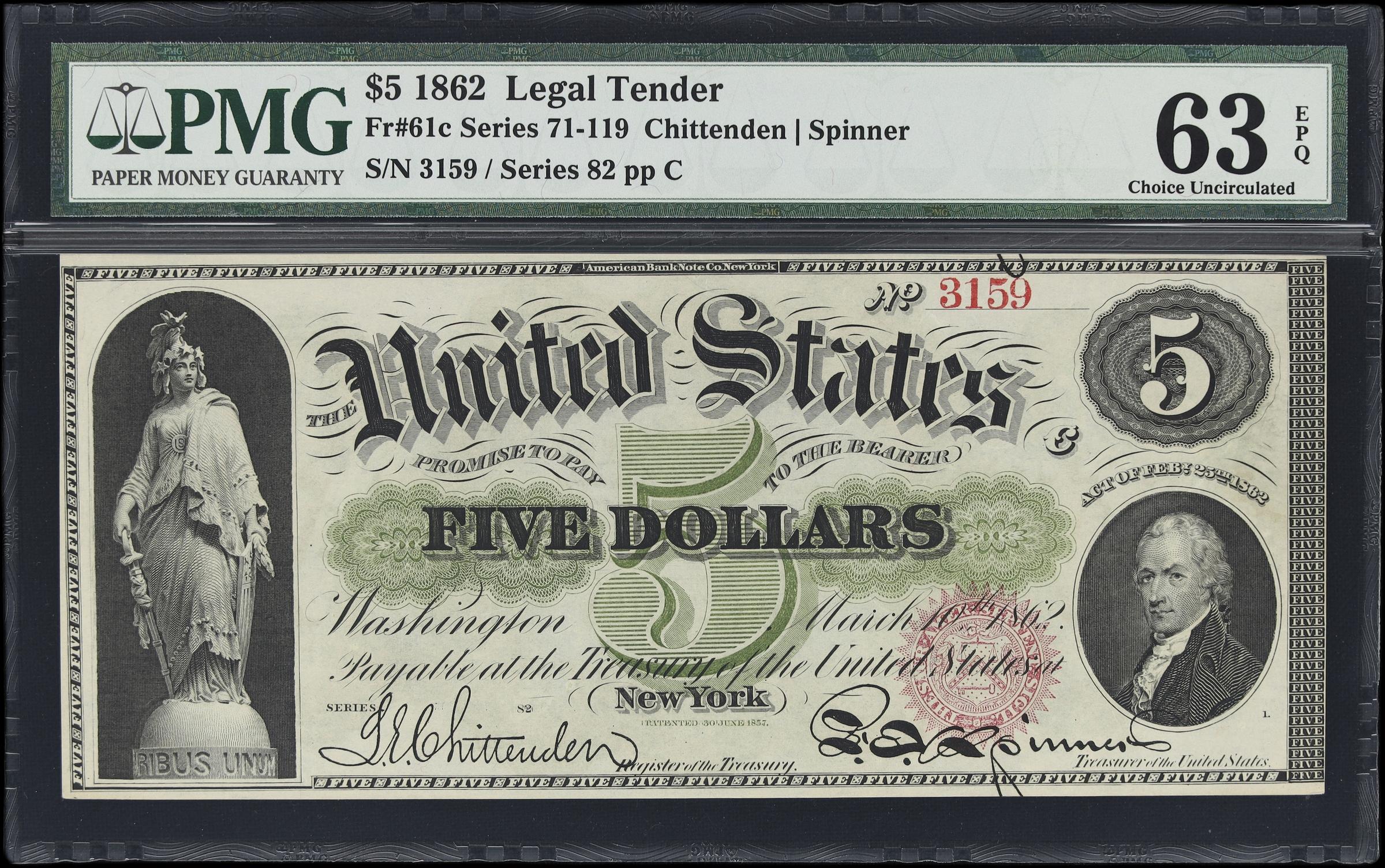image for: Fr. 61c. 1862 $5 Legal Tender Note. PMG Choice Uncirculated 63 EPQ.
