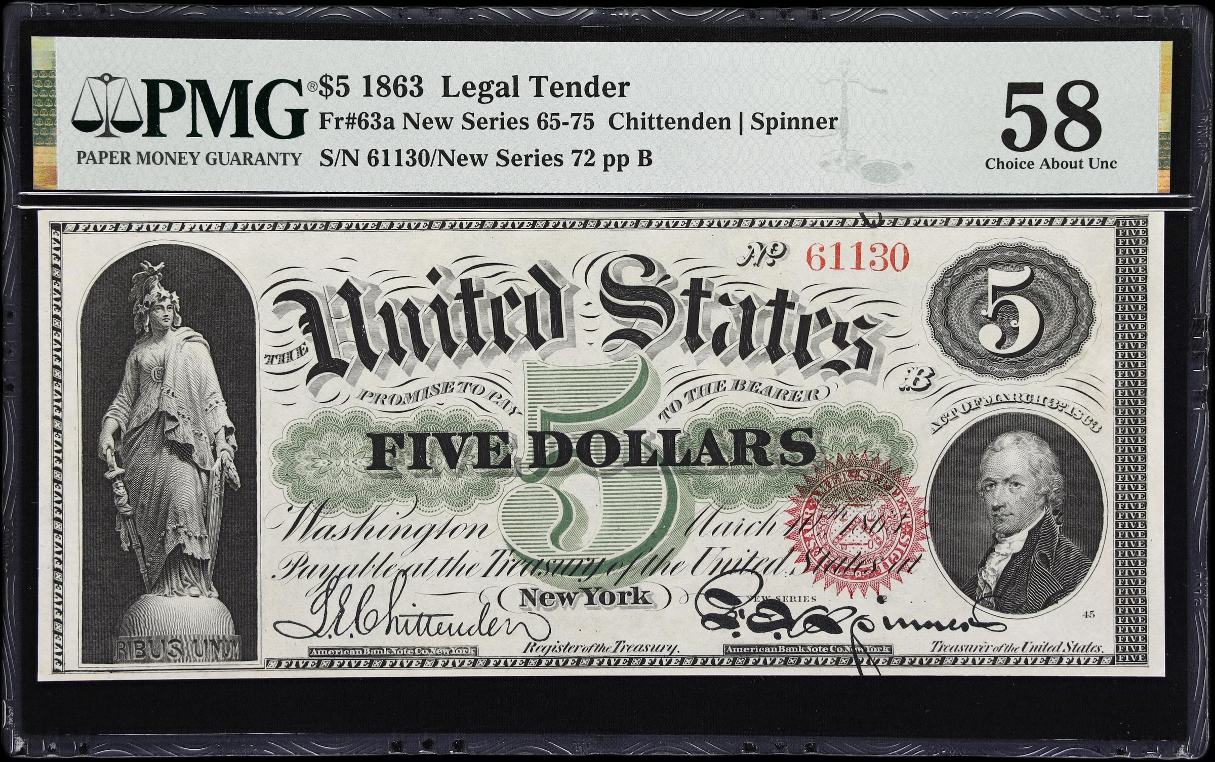 image for: Fr. 63a. 1863 $5 Legal Tender Note. PMG Choice About Uncirculated 58.