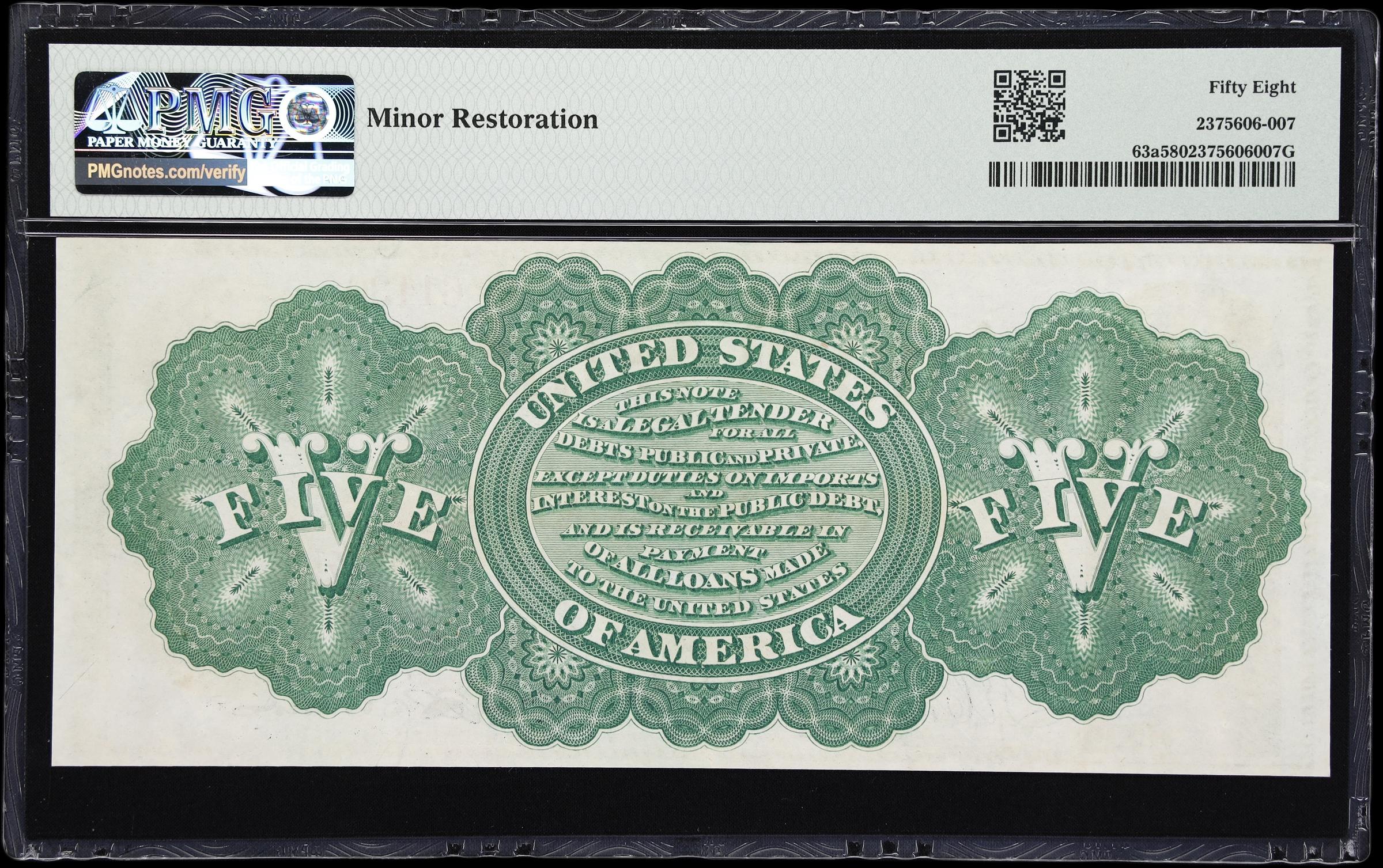 image for: Fr. 63a. 1863 $5 Legal Tender Note. PMG Choice About Uncirculated 58.