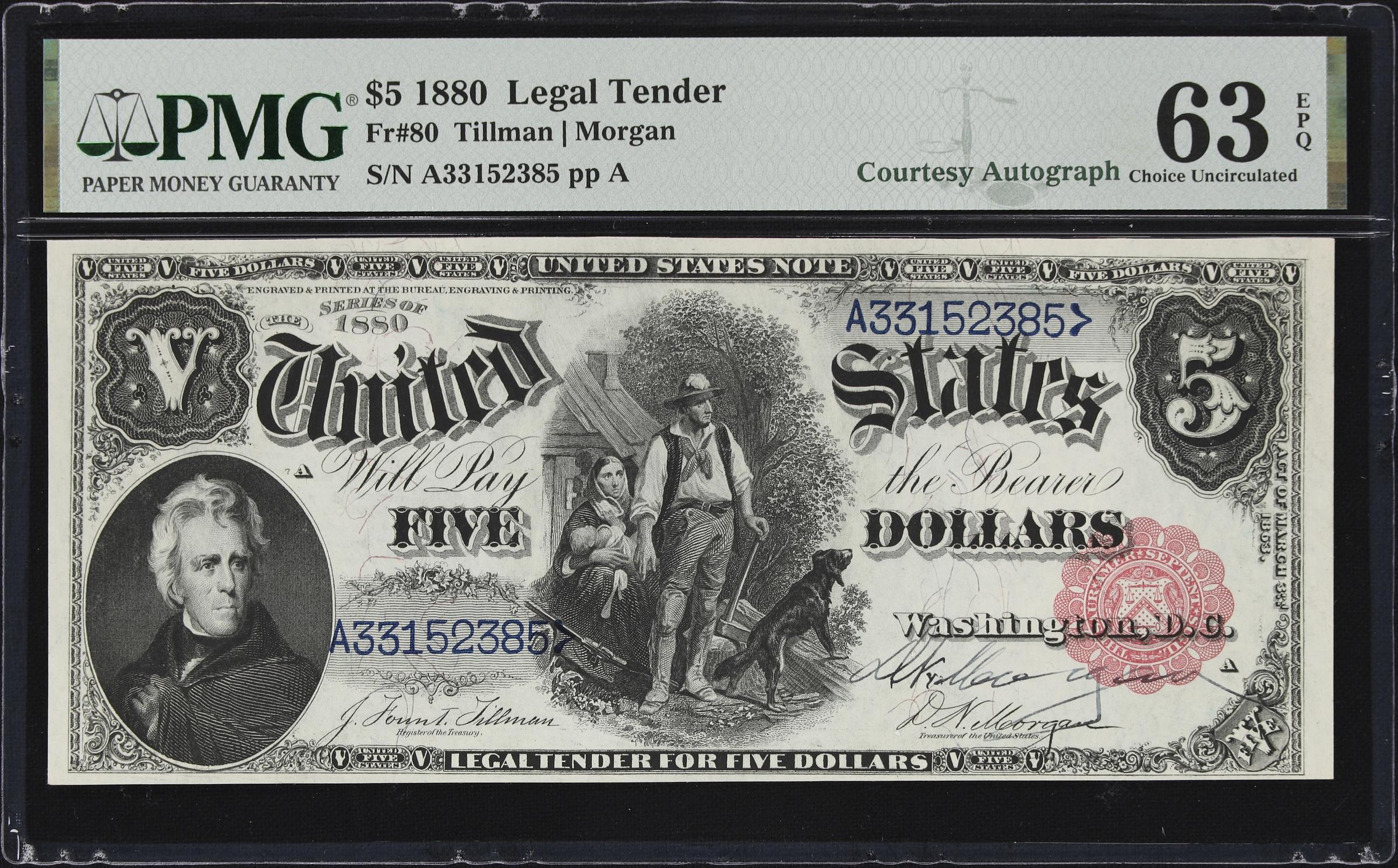 image for: Fr. 80. 1880 $5 Legal Tender Note. PMG Choice Uncirculated 63 EPQ. D.N. Morgan Courtesy Autograph.