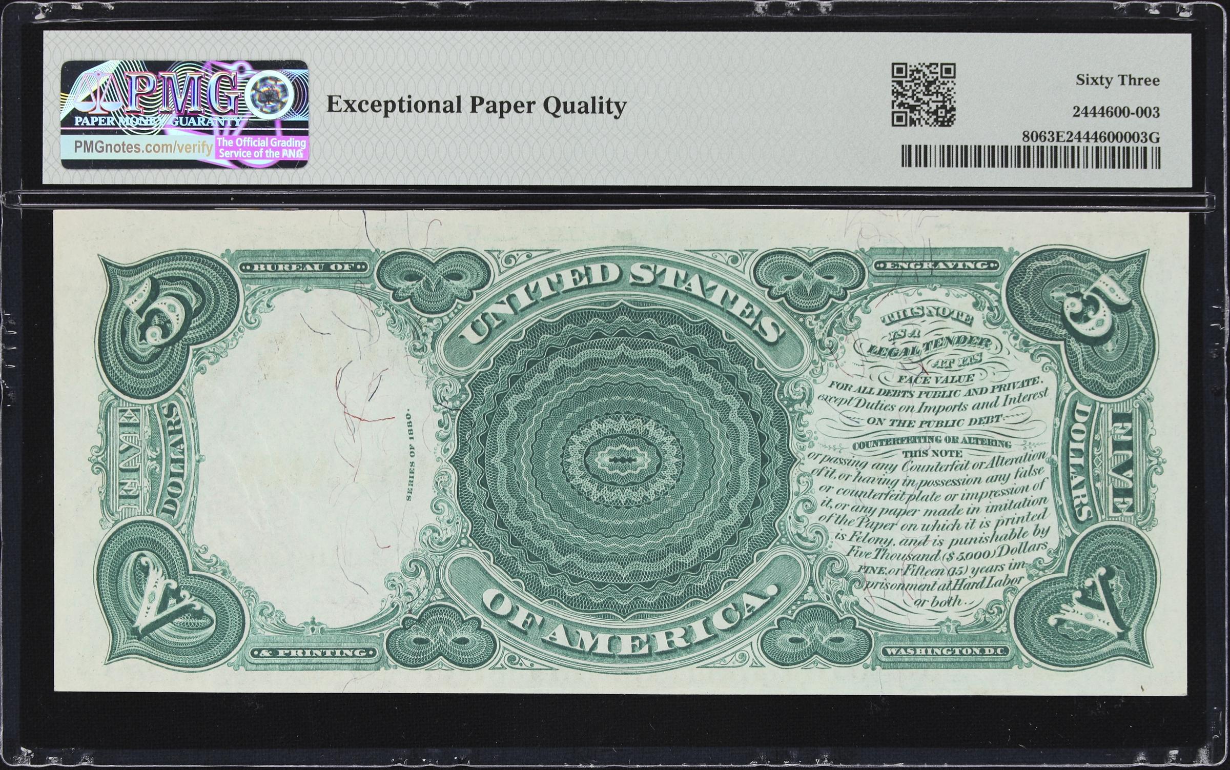 image for: Fr. 80. 1880 $5 Legal Tender Note. PMG Choice Uncirculated 63 EPQ. D.N. Morgan Courtesy Autograph.