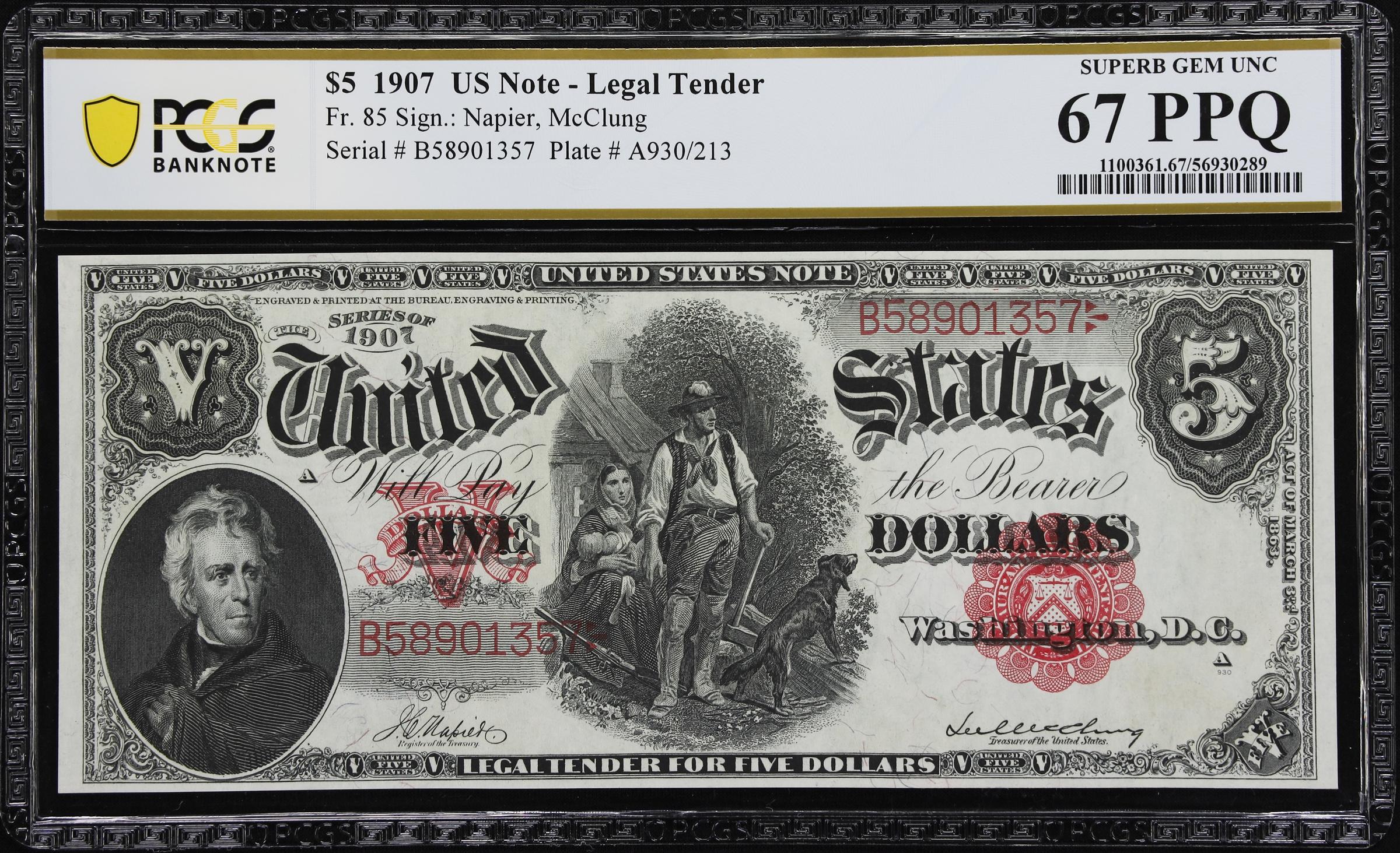 image for: Fr. 85. 1907 $5 Legal Tender Note. PCGS Banknote Superb Gem Uncirculated 67 PPQ.