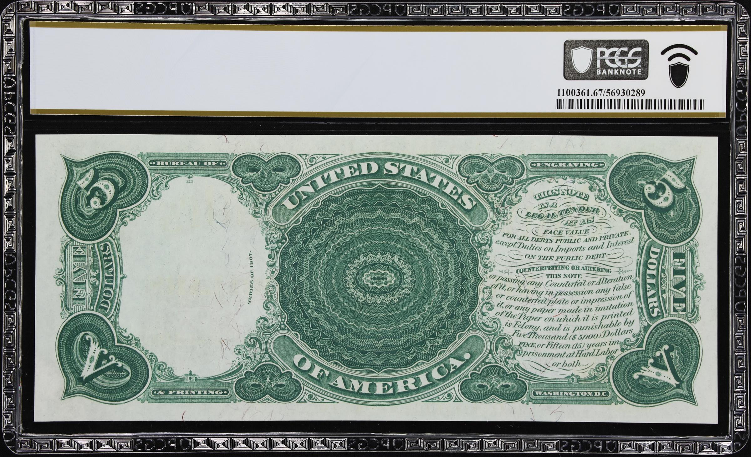 image for: Fr. 85. 1907 $5 Legal Tender Note. PCGS Banknote Superb Gem Uncirculated 67 PPQ.