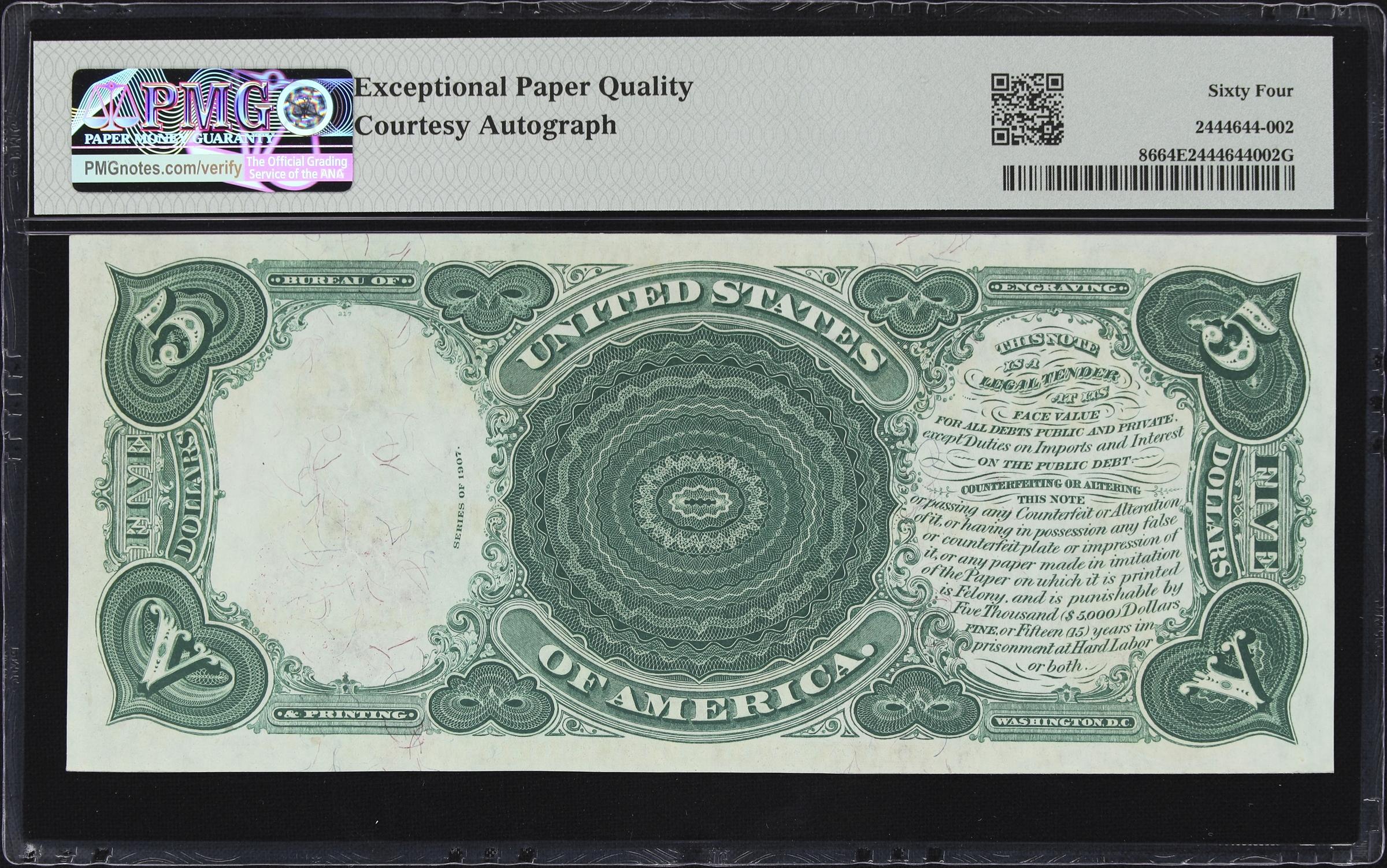 image for: Fr. 86. 1907 $5 Legal Tender Note. PMG Choice Uncirculated 64 EPQ. Carmi A. Thompson Courtesy Autograph. Serial Number 10.