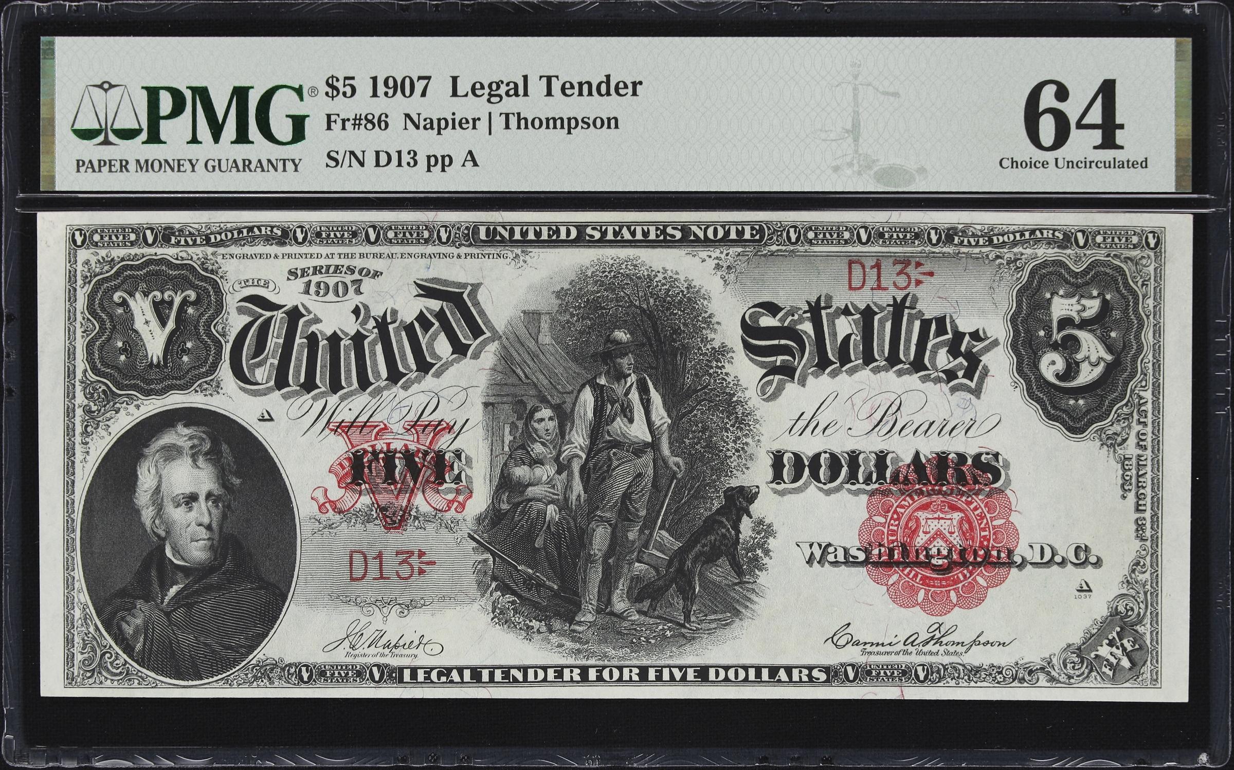image for: Fr. 86. 1907 $5 Legal Tender Note. PMG Choice Uncirculated 64. Serial Number 13.