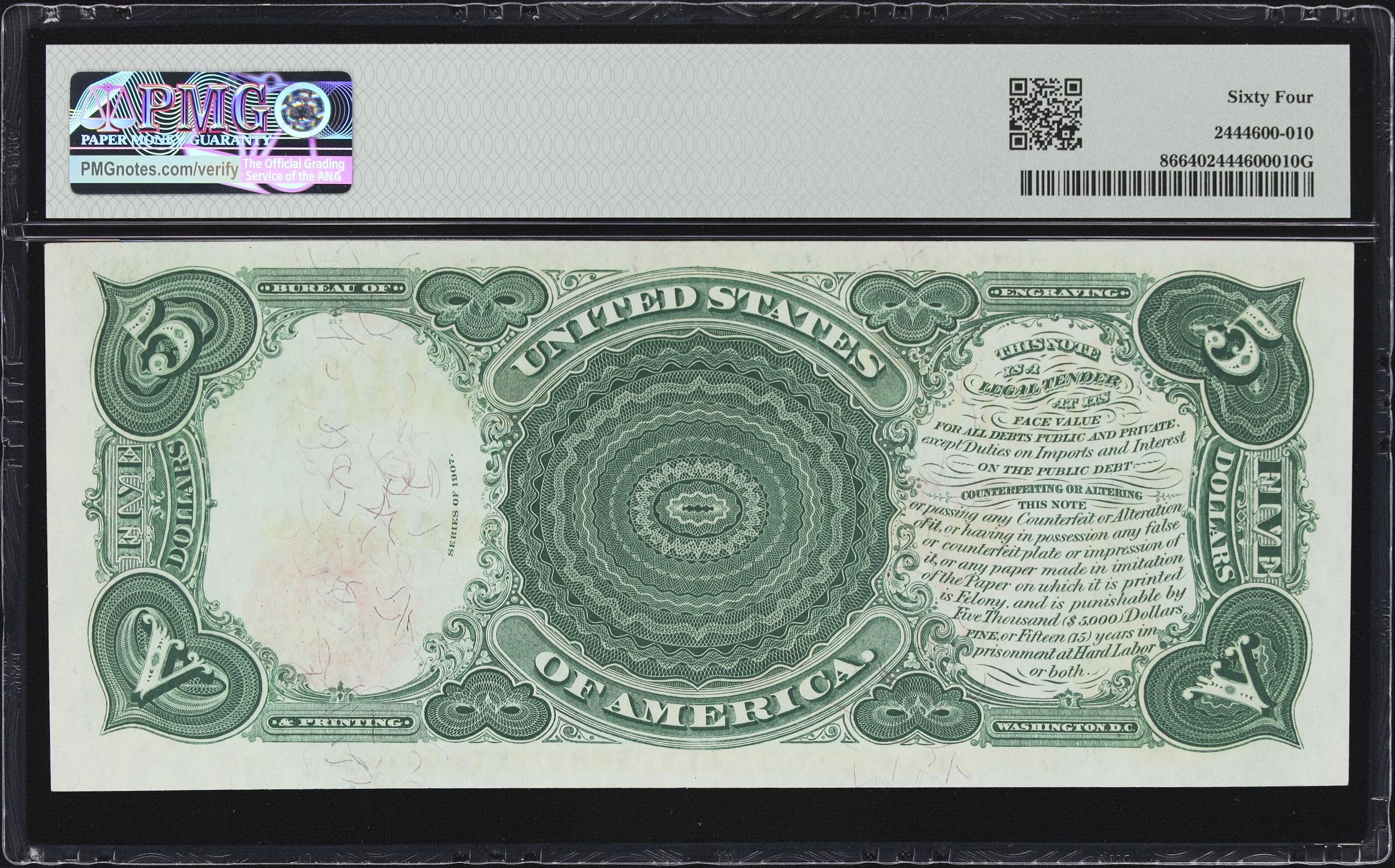 image for: Fr. 86. 1907 $5 Legal Tender Note. PMG Choice Uncirculated 64. Serial Number 13.