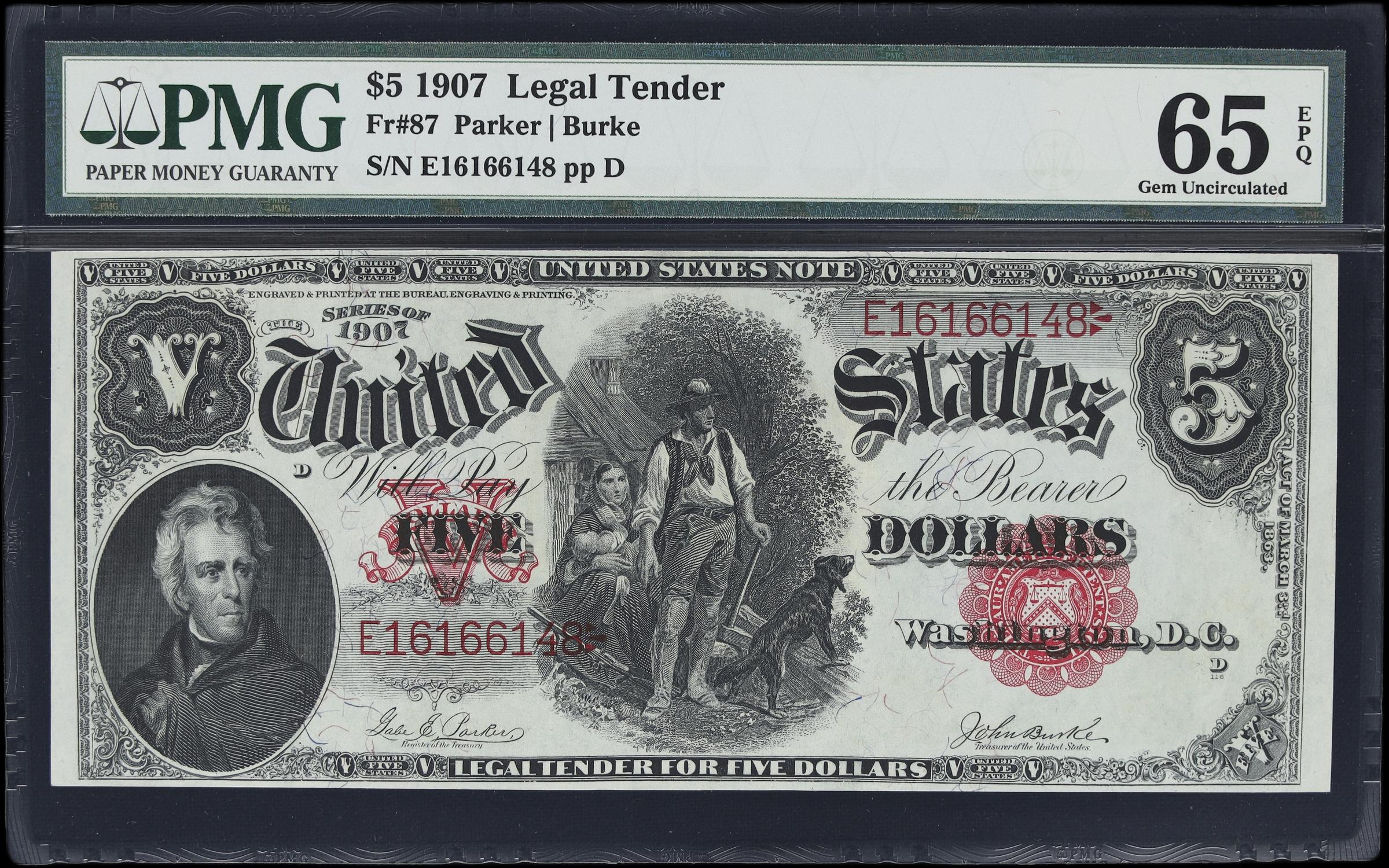 image for: Fr. 87. 1907 $5 Legal Tender Note. PMG Gem Uncirculated 65 EPQ.
