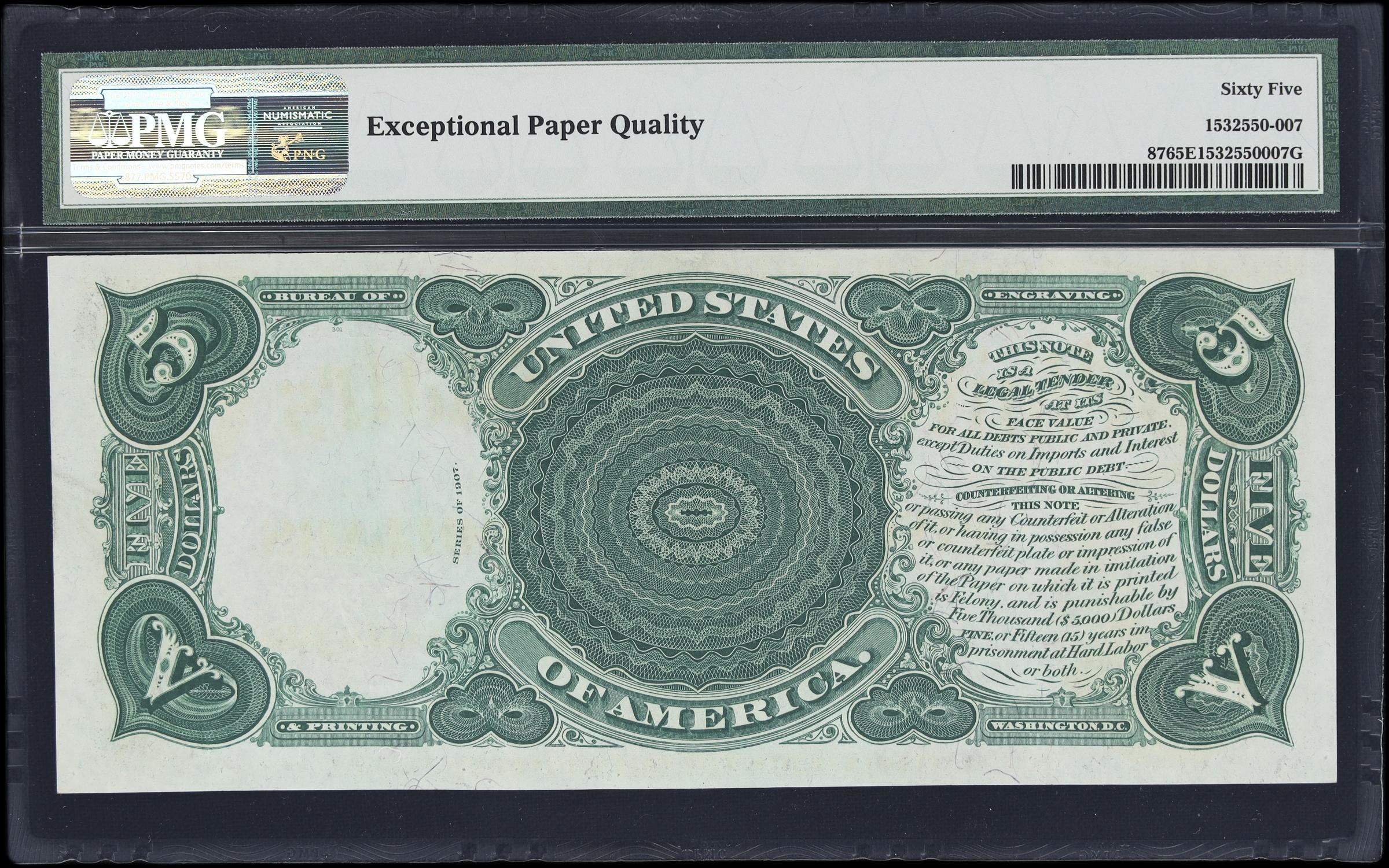 image for: Fr. 87. 1907 $5 Legal Tender Note. PMG Gem Uncirculated 65 EPQ.