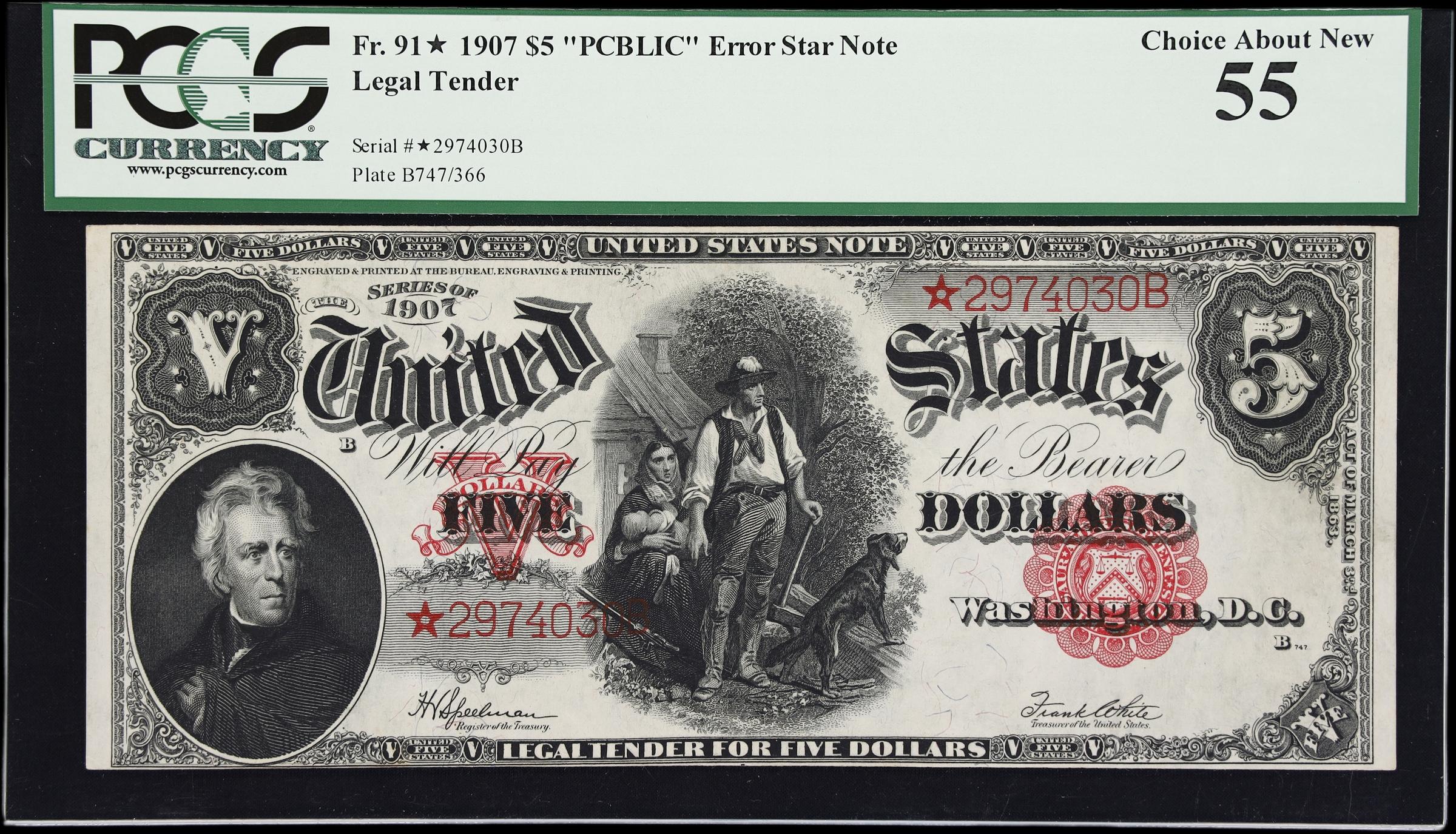 image for: Fr. 91*. 1907 $5 Legal Tender Star Note. PCGS Currency Choice About New 55.