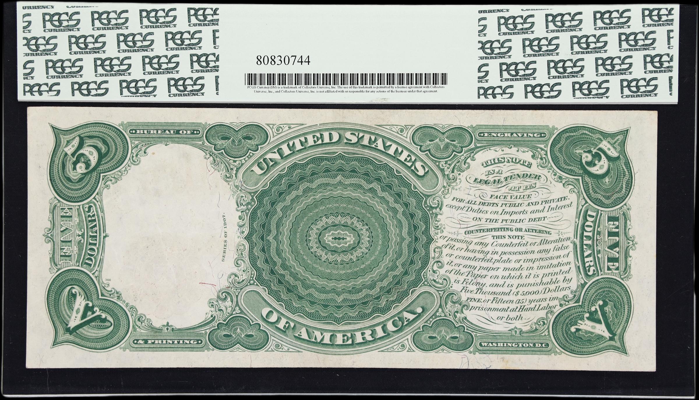 image for: Fr. 91*. 1907 $5 Legal Tender Star Note. PCGS Currency Choice About New 55.