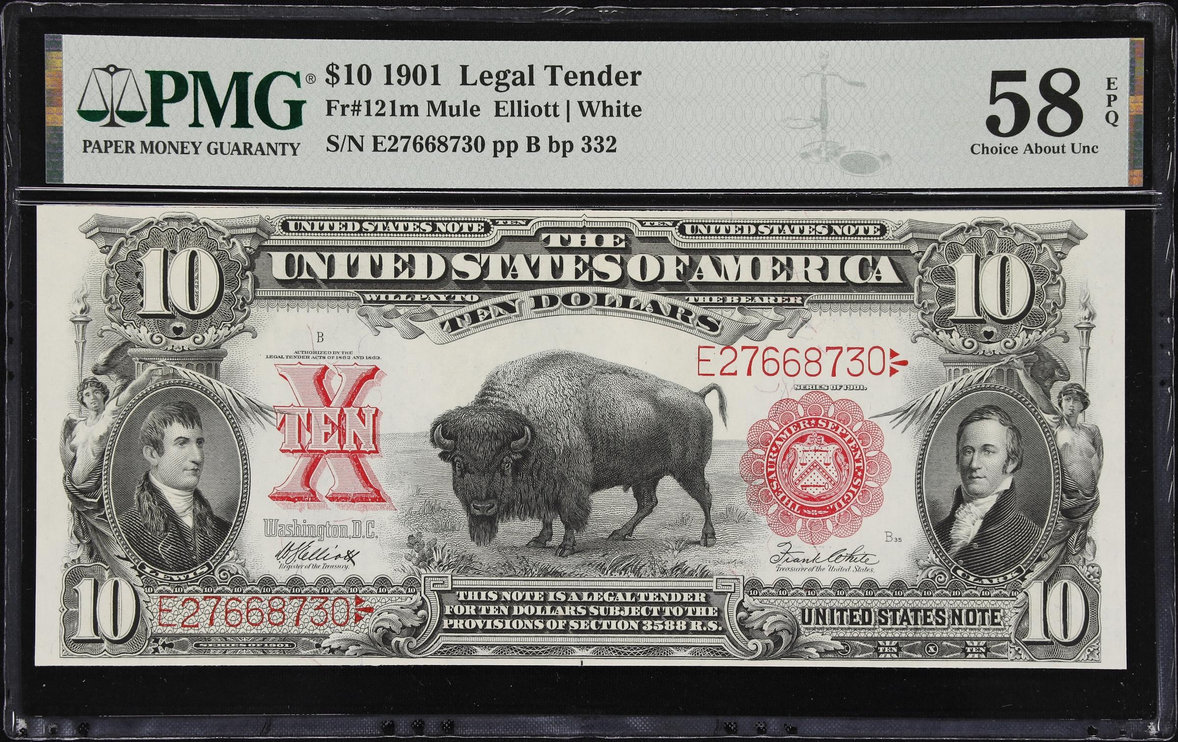 image for: Fr. 121m. 1901 $10 Legal Tender Note. Mule. PMG Choice About Uncirculated 58 EPQ.