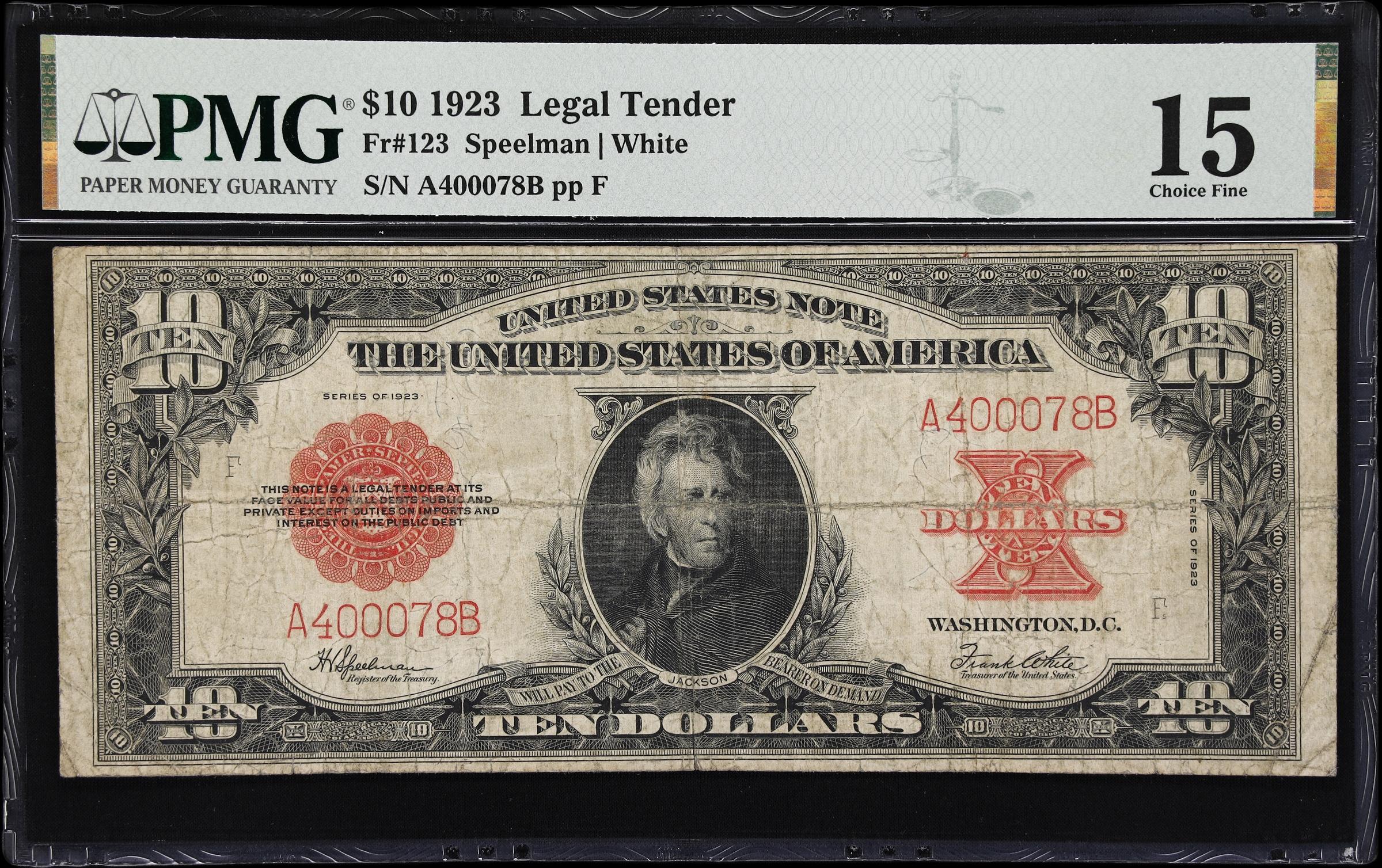 image for: Fr. 123. 1923 $10 Legal Tender Note. PMG Choice Fine 15.
