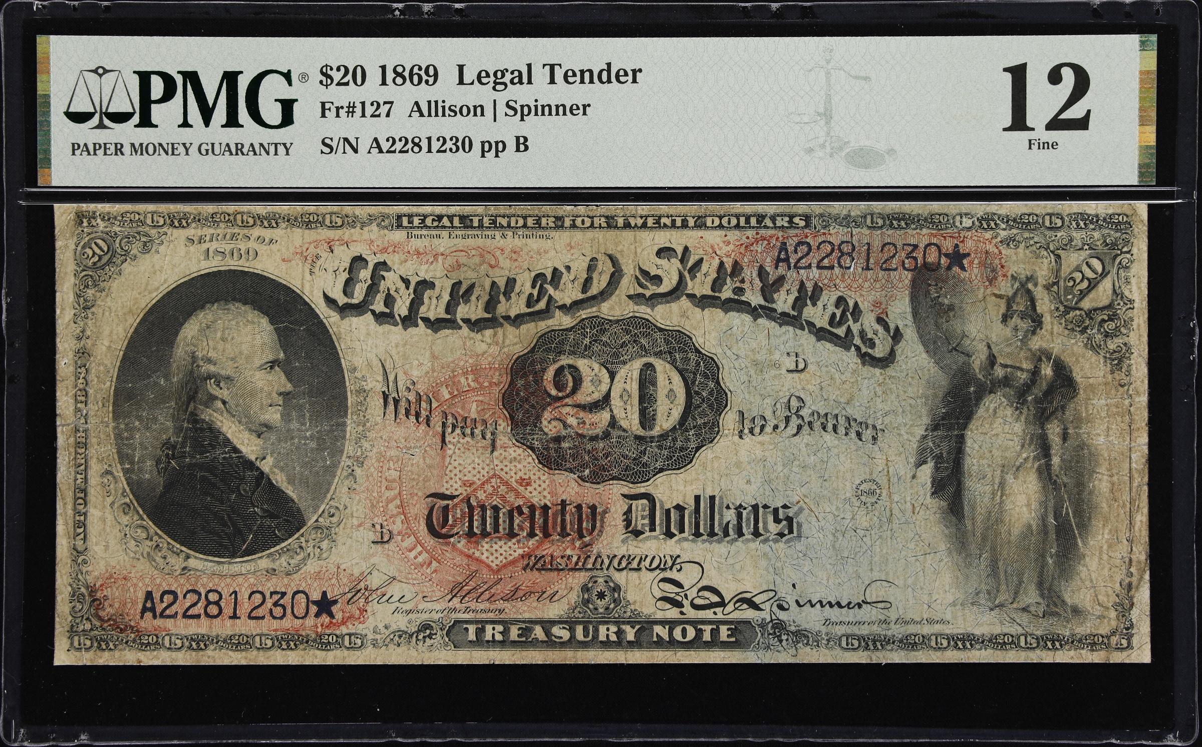 image for: Fr. 127. 1869 $20 Legal Tender Note. PMG Fine 12.