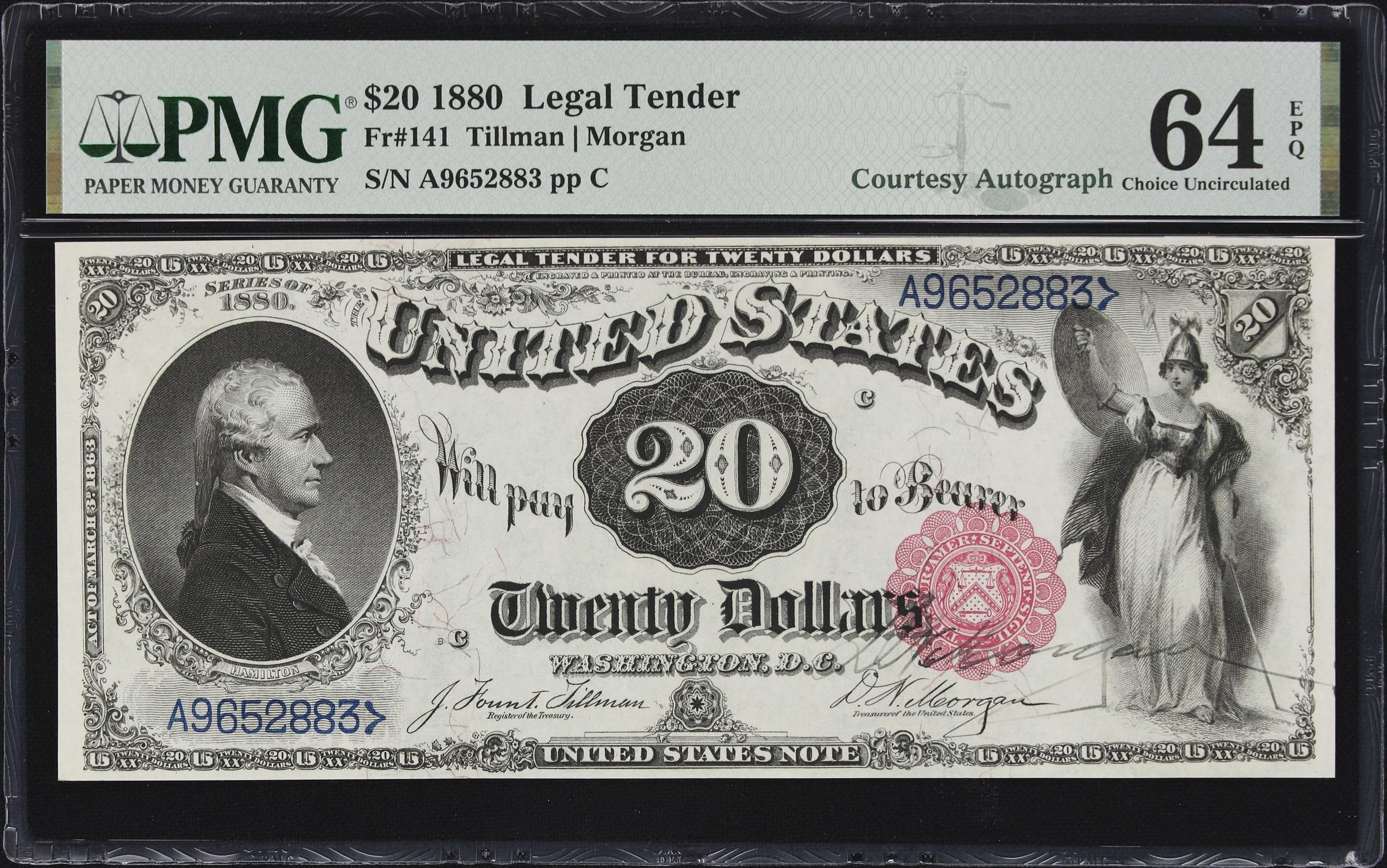 image for: Fr. 141. 1880 $20 Legal Tender Note. PMG Choice Uncirculated 64 EPQ. D.N. Morgan Courtesy Autograph.