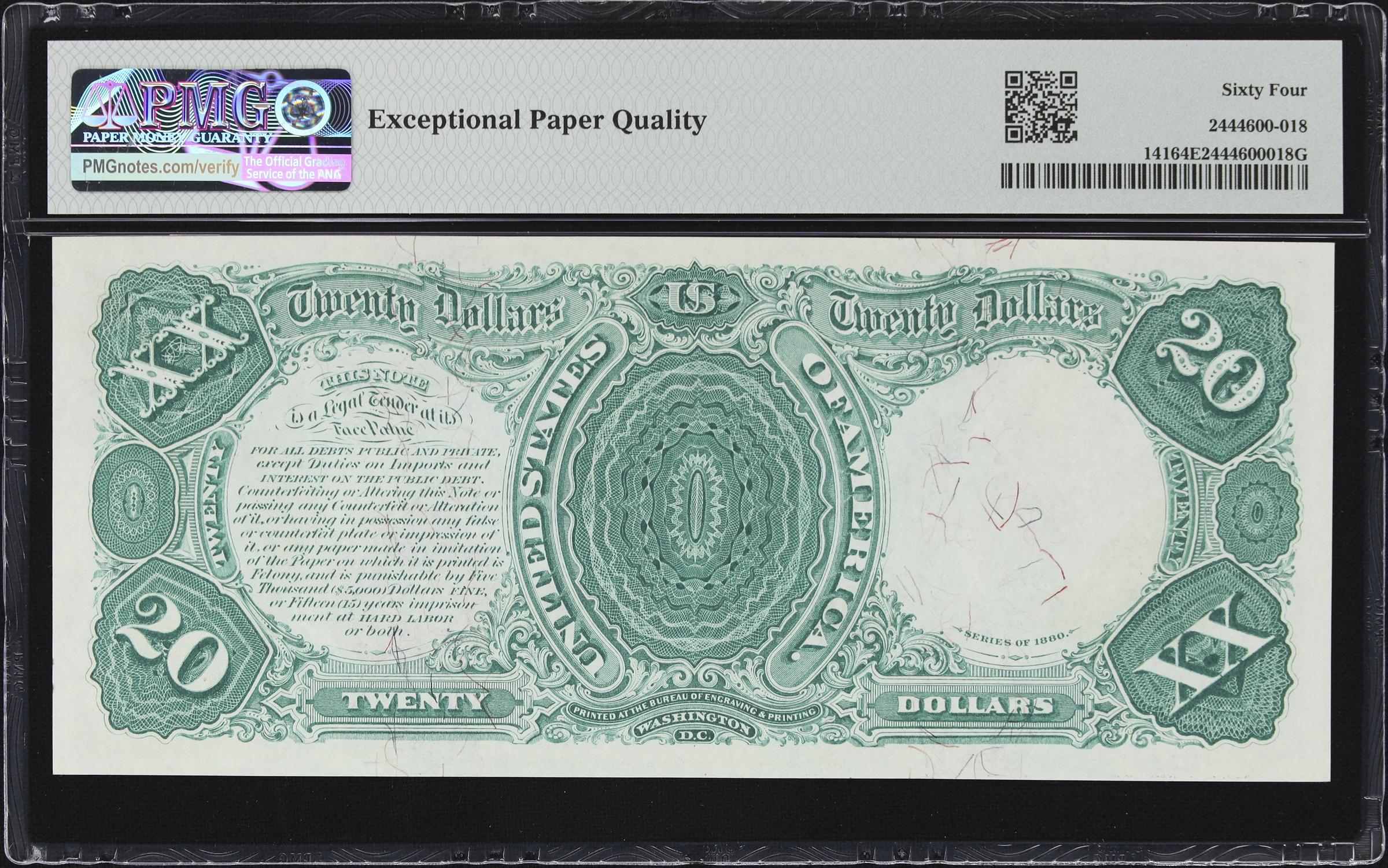 image for: Fr. 141. 1880 $20 Legal Tender Note. PMG Choice Uncirculated 64 EPQ. D.N. Morgan Courtesy Autograph.