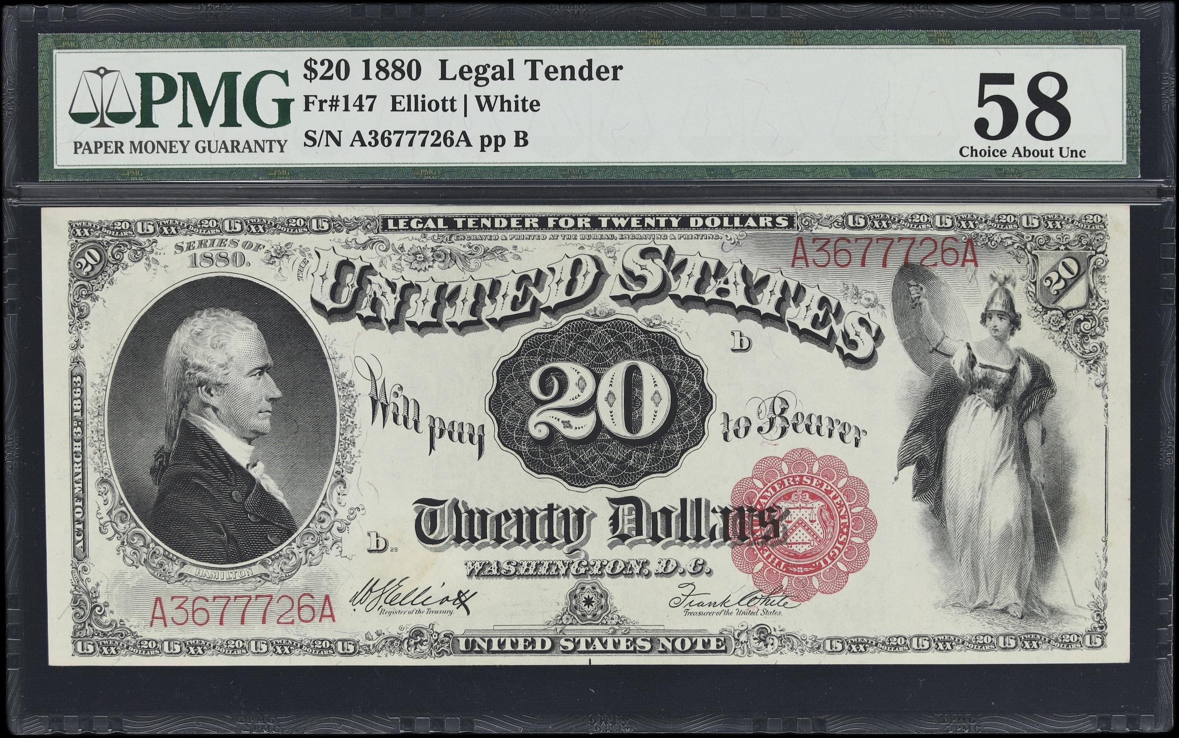 image for: Fr. 147. 1880 $20 Legal Tender Note. PMG Choice About Uncirculated 58.