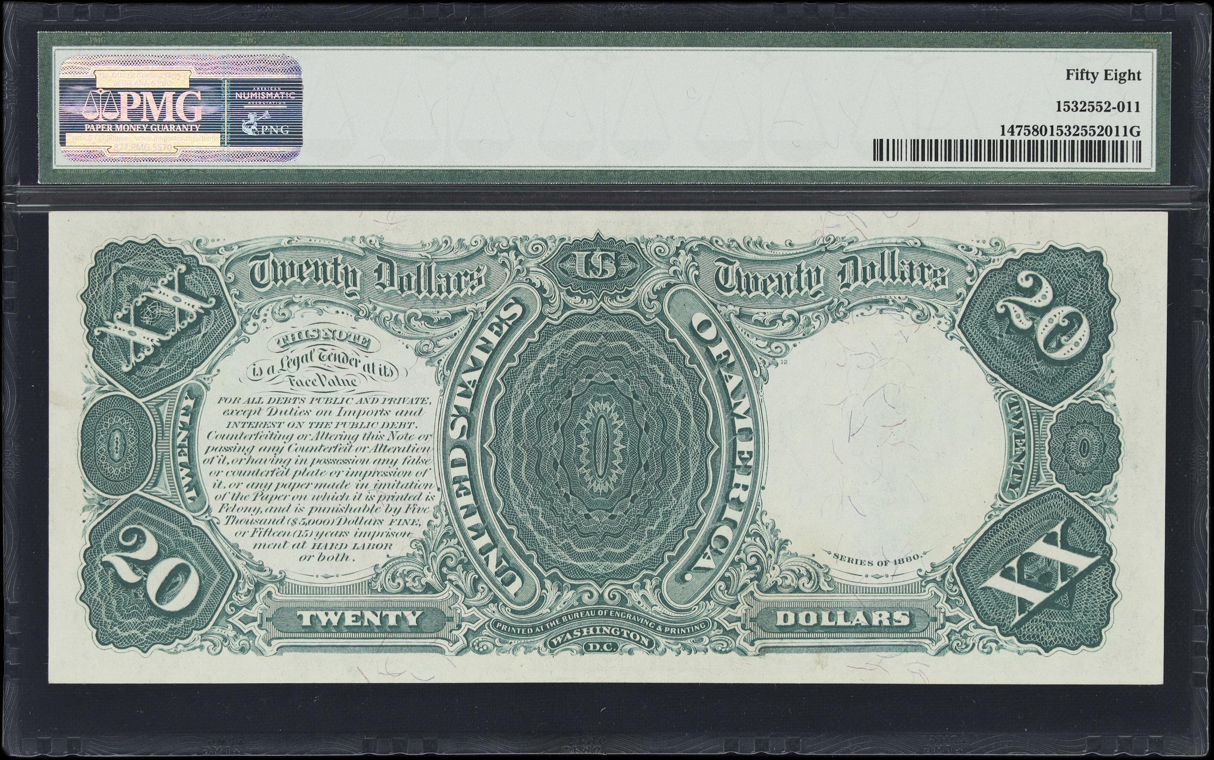 image for: Fr. 147. 1880 $20 Legal Tender Note. PMG Choice About Uncirculated 58.