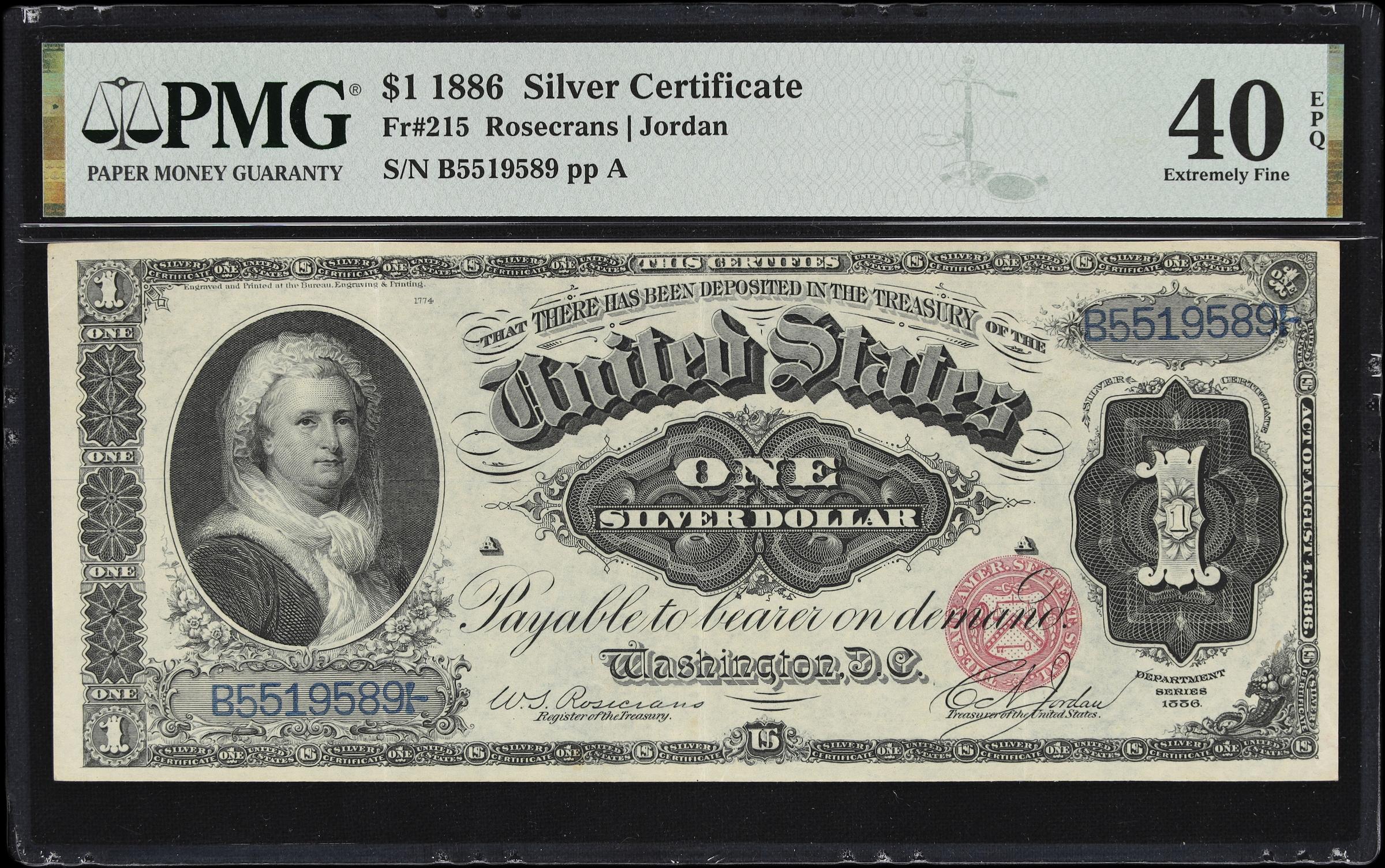 image for: Fr. 215. 1886 $1 Silver Certificate. PMG Extremely Fine 40 EPQ.