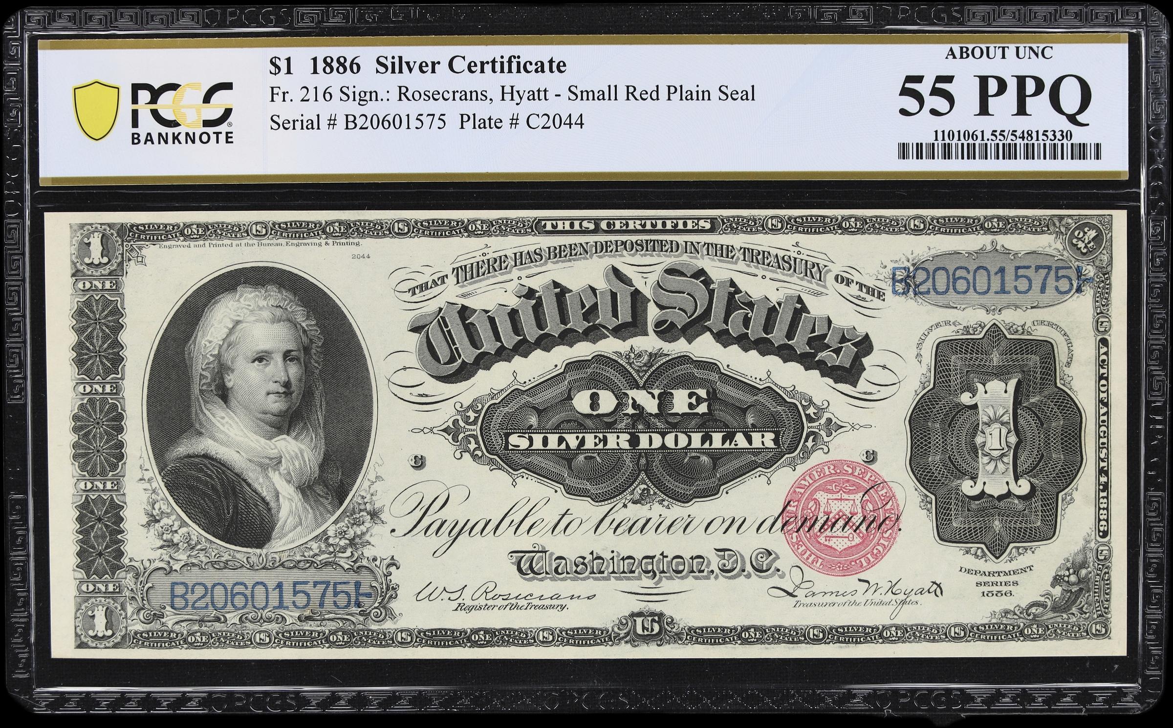 image for: Fr. 216. 1886 $1 Silver Certificate. PCGS Banknote About Uncirculated 55 PPQ.