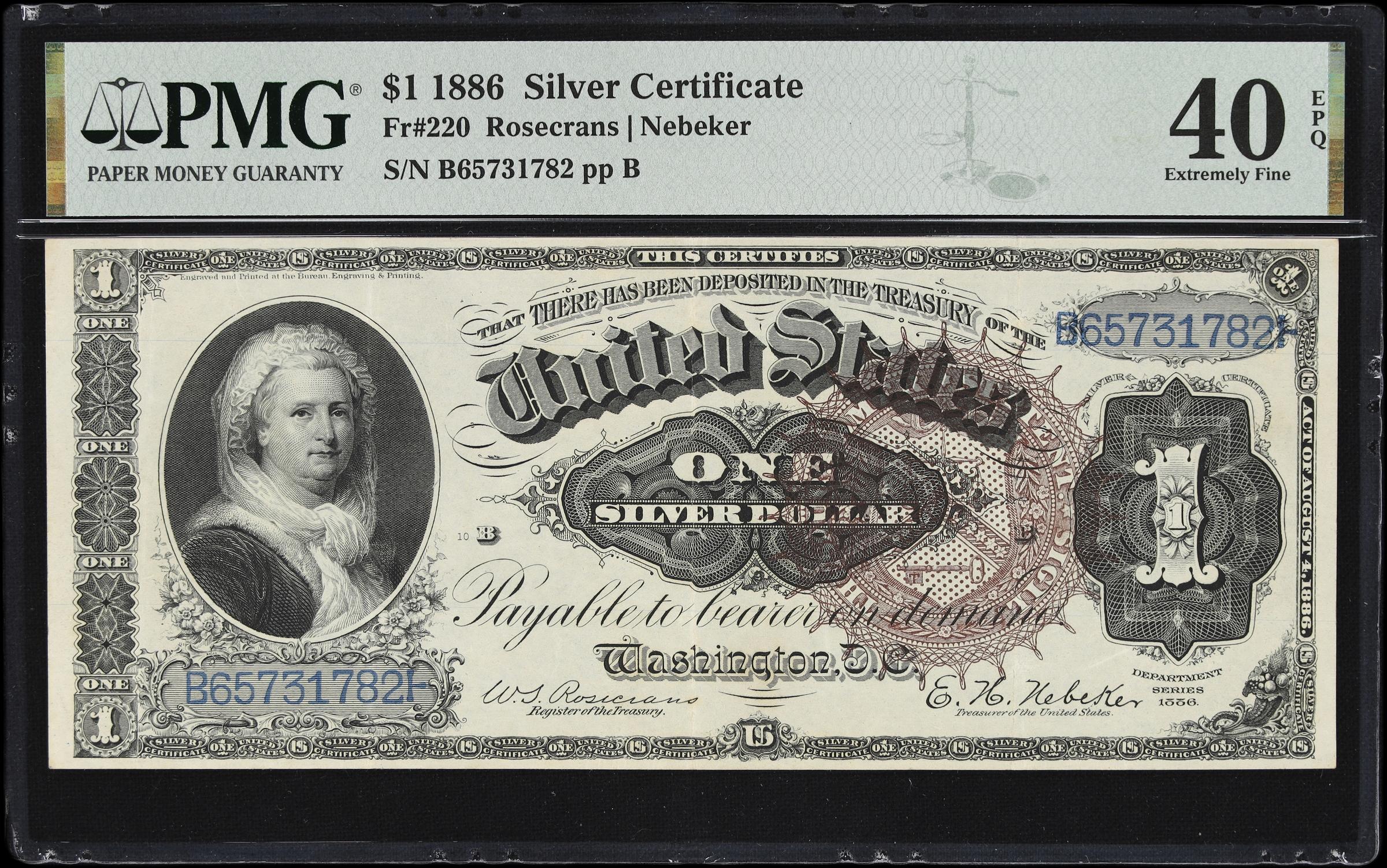 image for: Fr. 220. 1886 $1 Silver Certificate. PMG Extremely Fine 40 EPQ.