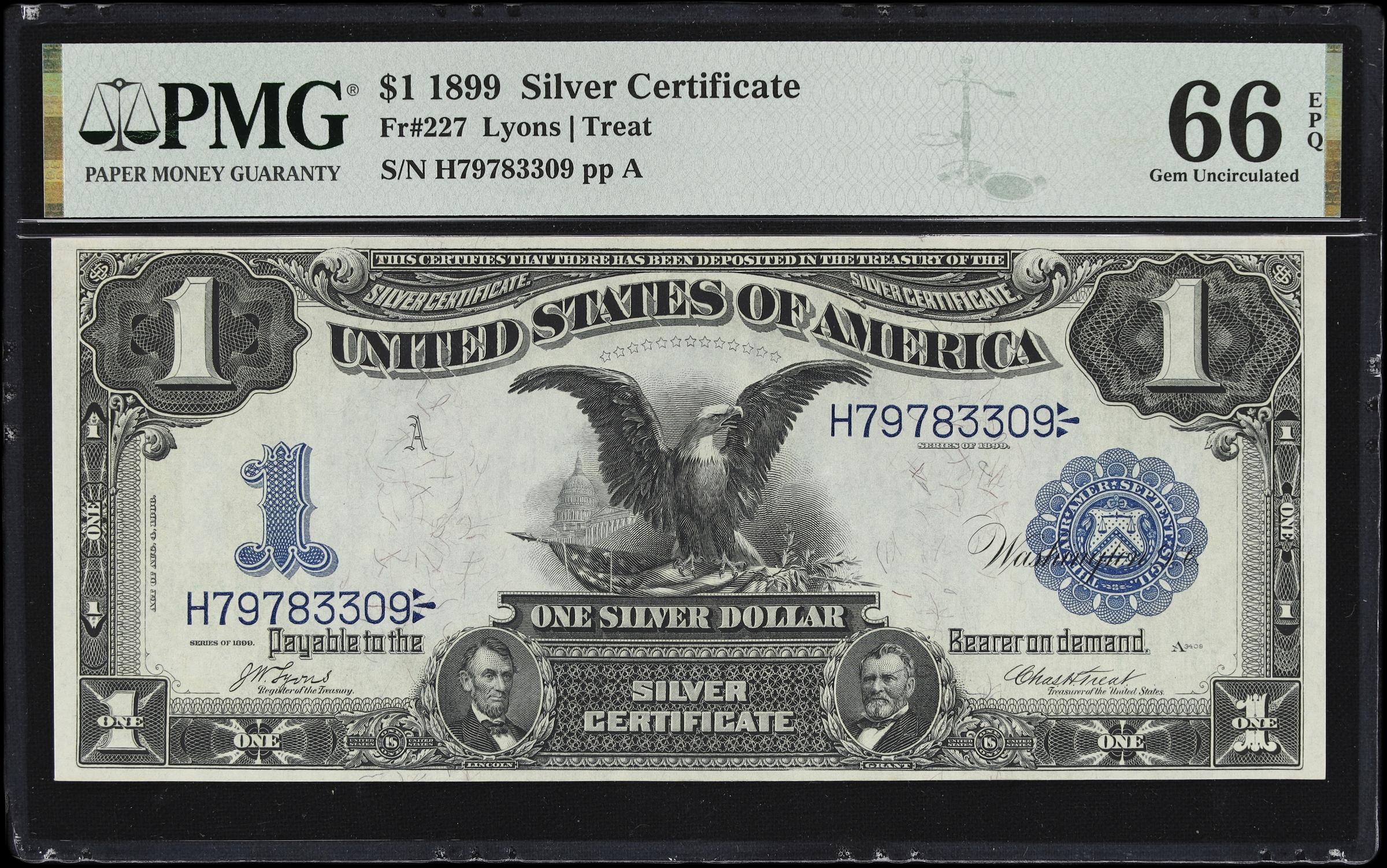 image for: Fr. 227. 1899 $1 Silver Certificate. PMG Gem Uncirculated 66 EPQ.
