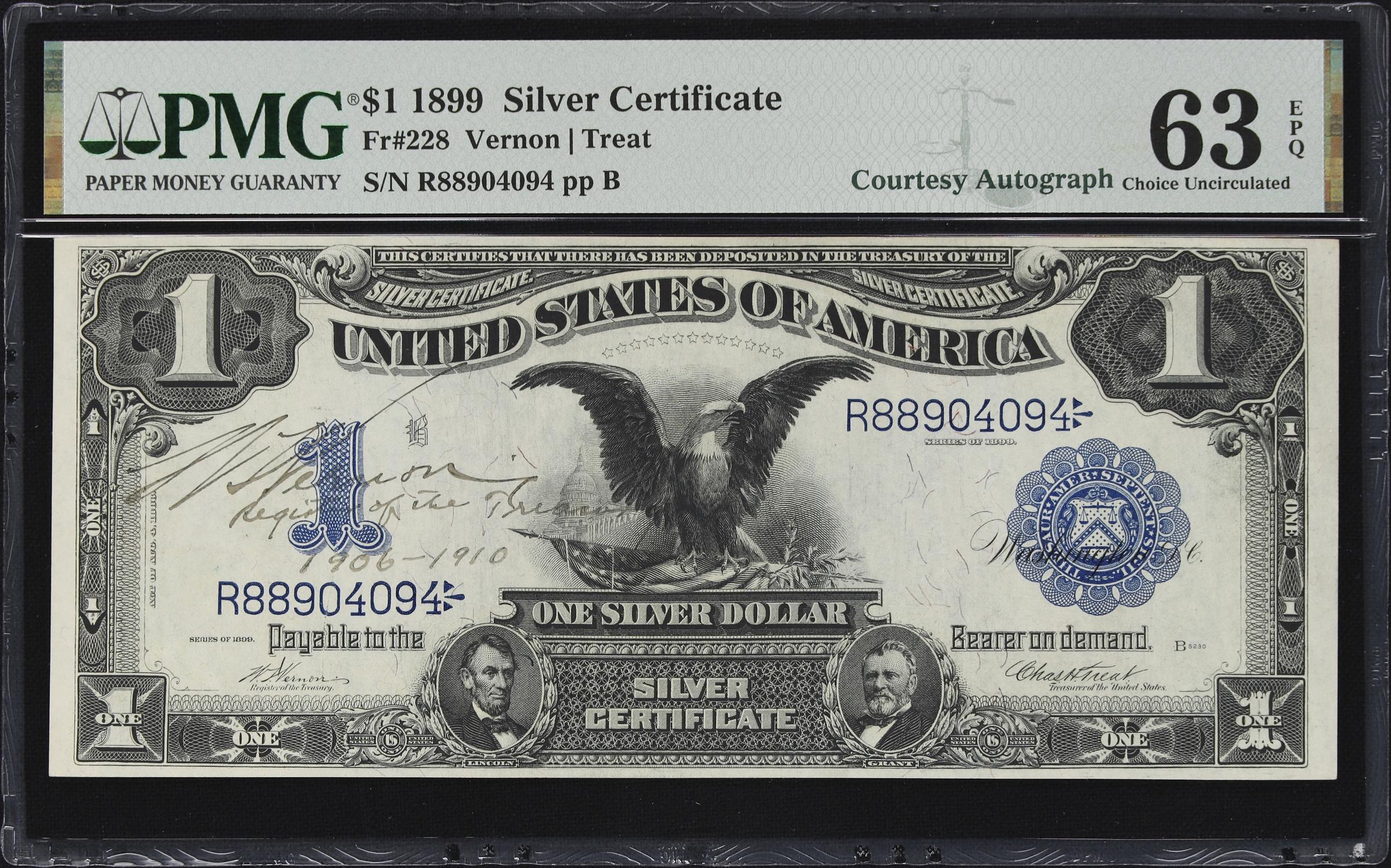 image for: Fr. 228. 1899 $1 Silver Certificate. PMG Choice Uncirculated 63 EPQ. W.T. Vernon Courtesy Autograph.