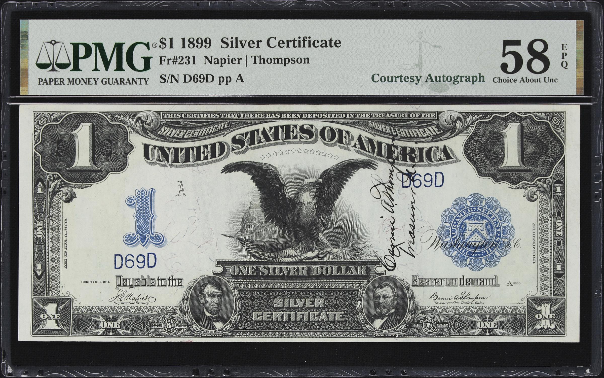 image for: Fr. 231. 1899 $1 Silver Certificate. PMG Choice About Uncirculated 58 EPQ. Carmi A. Thompson Courtesy Autograph. Low Serial Number.
