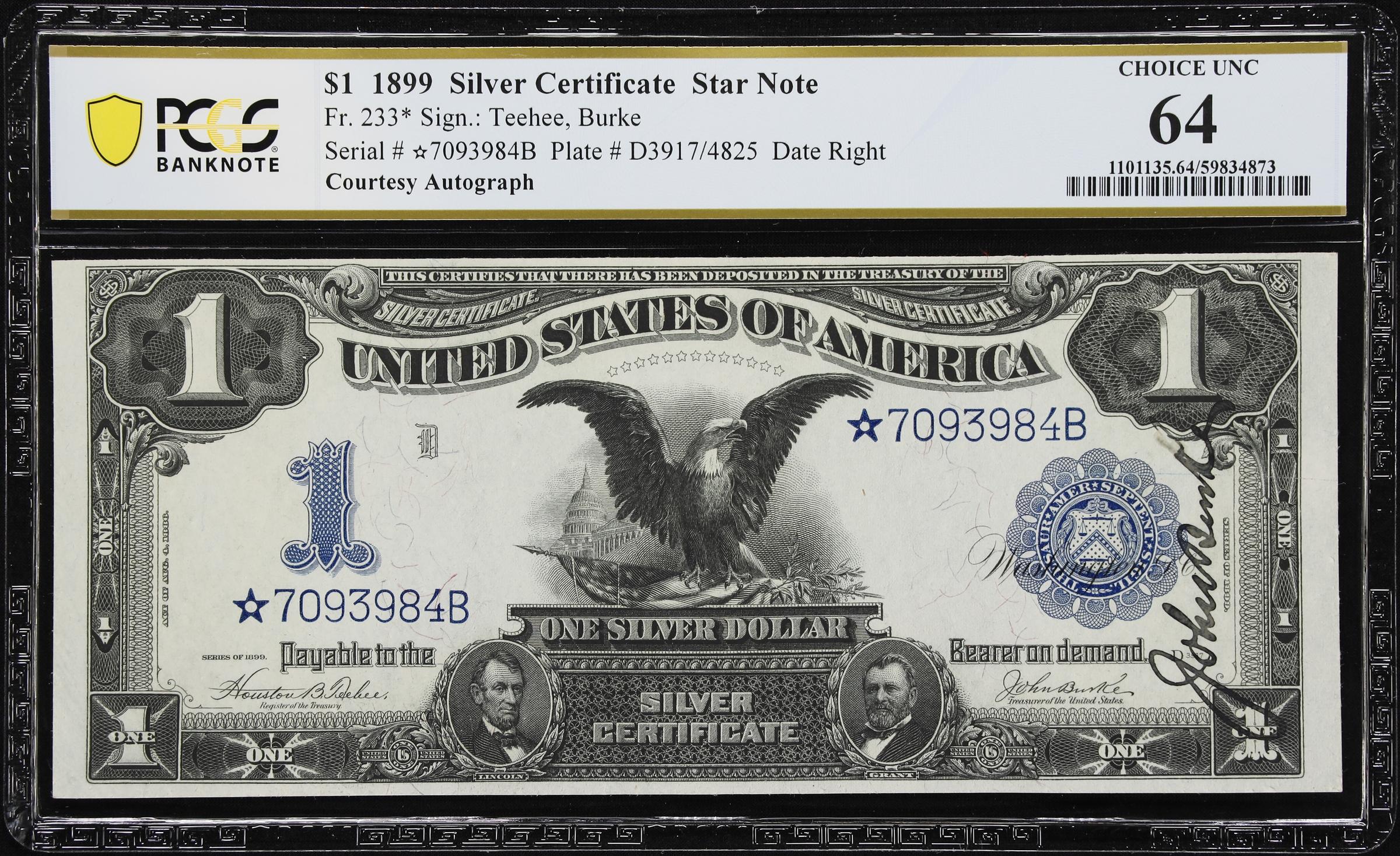 image for: Fr. 233*. 1899 $1 Silver Certificate Star Note. PCGS Banknote Choice Uncirculated 64. John Burke Courtesy Autograph.