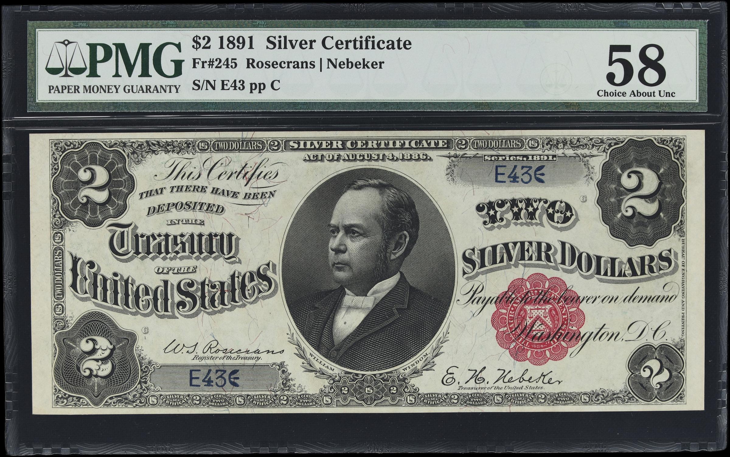 image for: Fr. 245. 1891 $2 Silver Certificate. PMG Choice About Uncirculated 58. Low Serial Number.