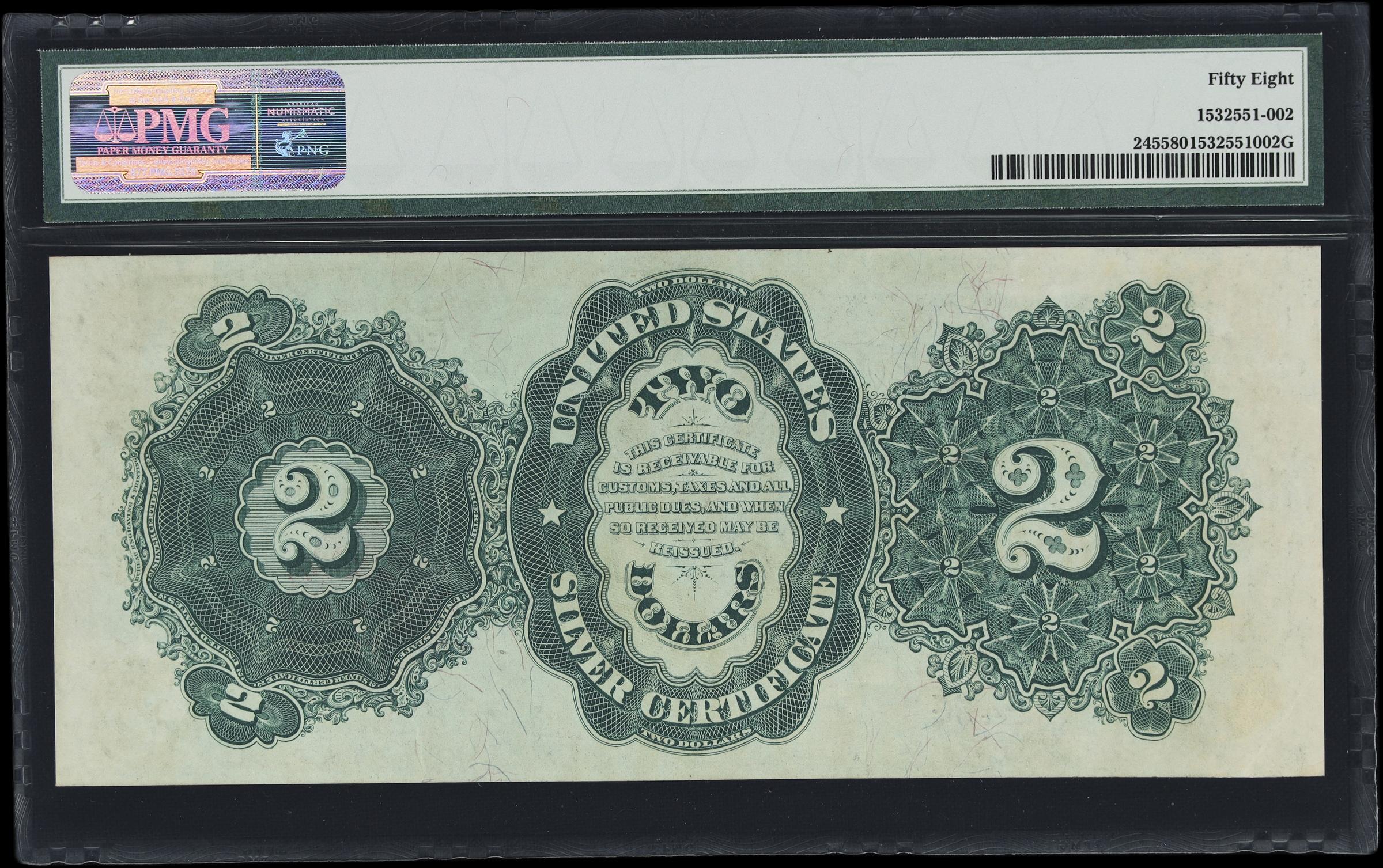 image for: Fr. 245. 1891 $2 Silver Certificate. PMG Choice About Uncirculated 58. Low Serial Number.