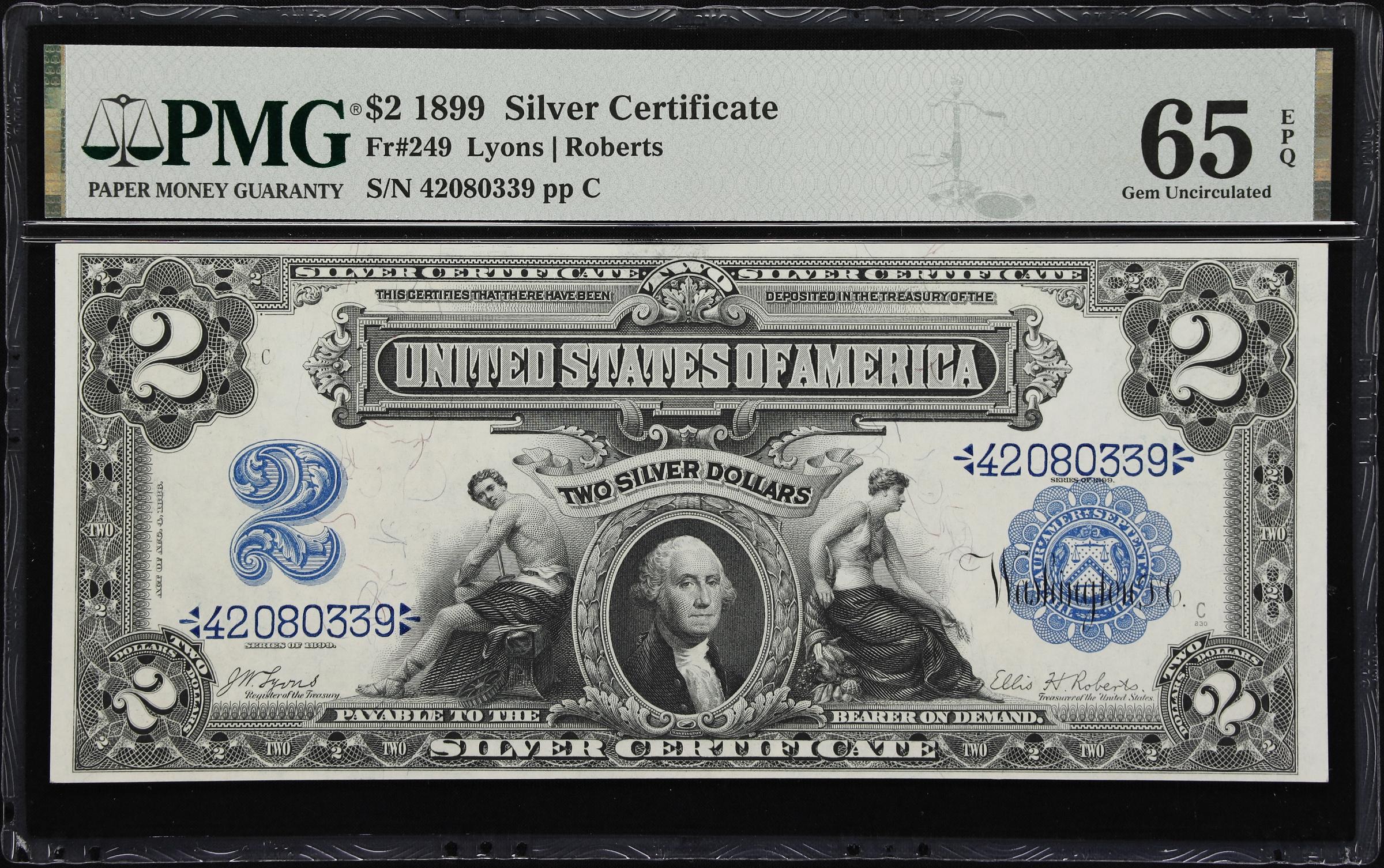 image for: Fr. 249. 1899 $2 Silver Certificate. PMG Gem Uncirculated 65 EPQ.