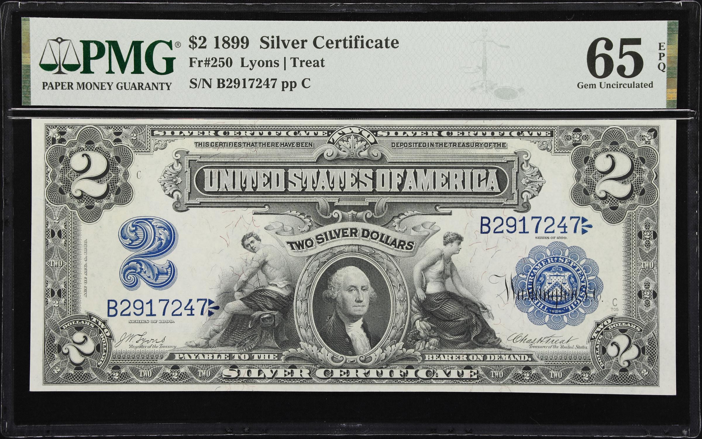 image for: Fr. 250. 1899 $2 Silver Certificate. PMG Gem Uncirculated 65 EPQ.