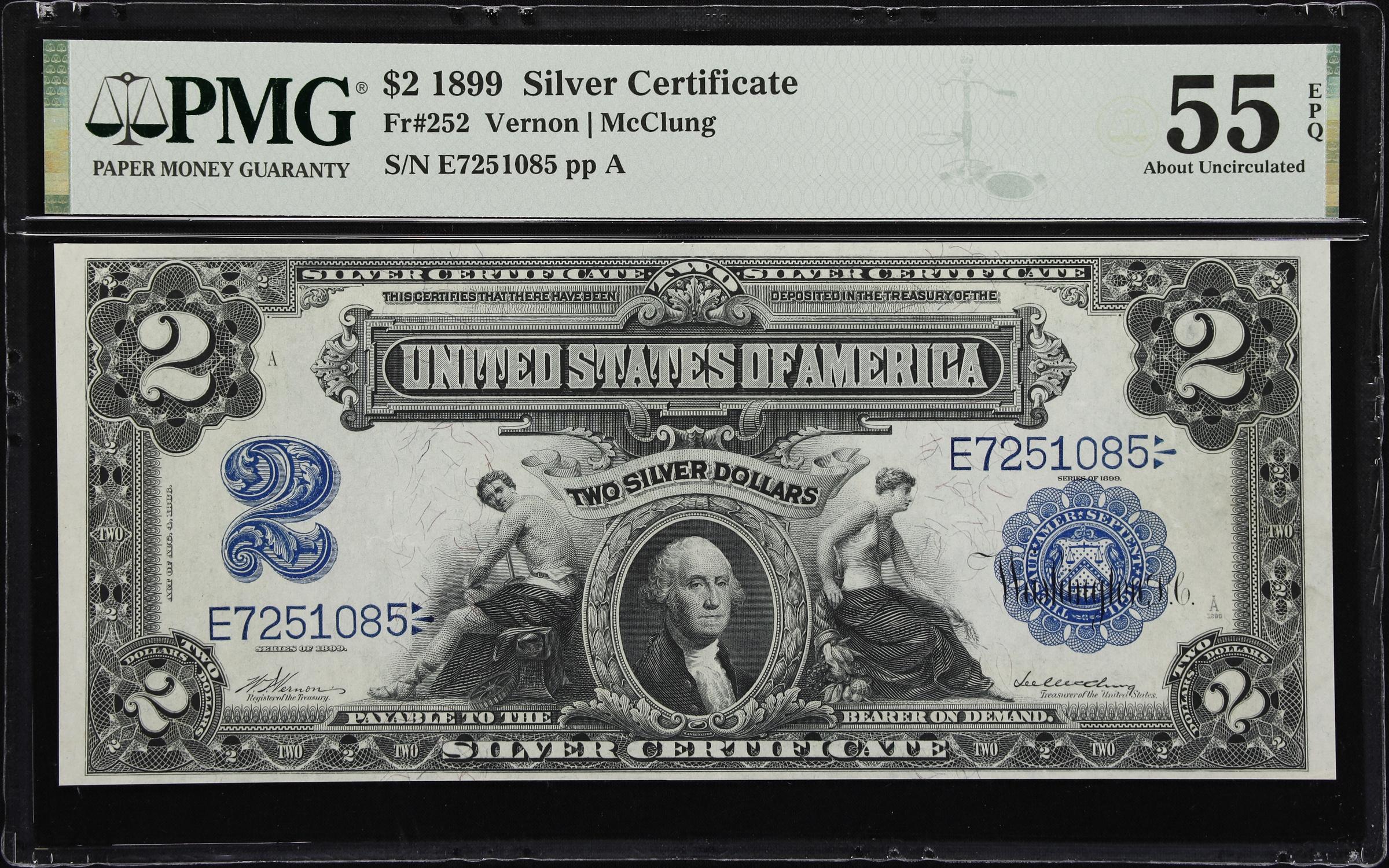 image for: Fr. 252. 1899 $2 Silver Certificate. PMG About Uncirculated 55 EPQ.