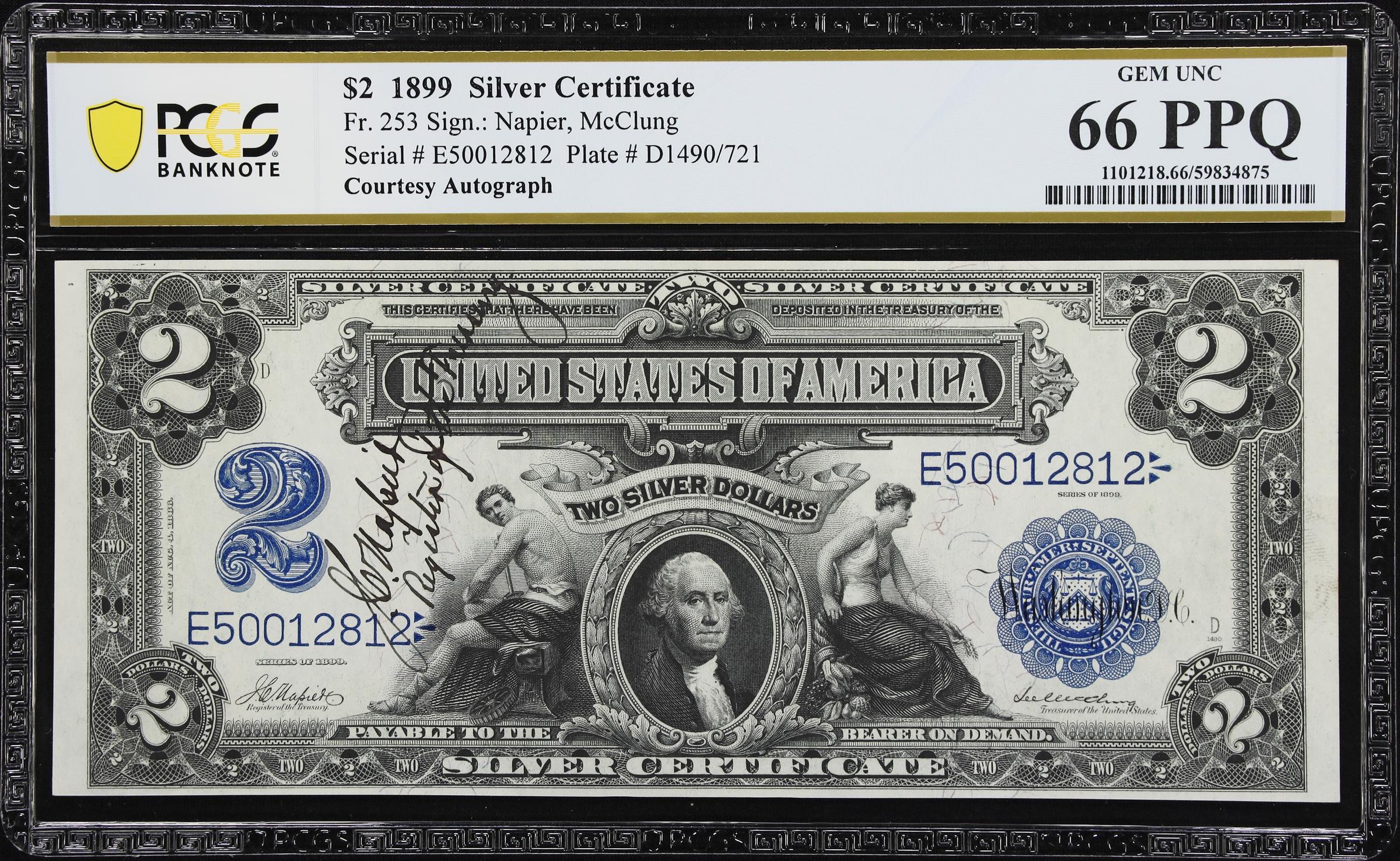 image for: Fr. 253. 1899 $2 Silver Certificate. PCGS Banknote Gem Uncirculated 66 PPQ. James C. Napier Courtesy Autograph.