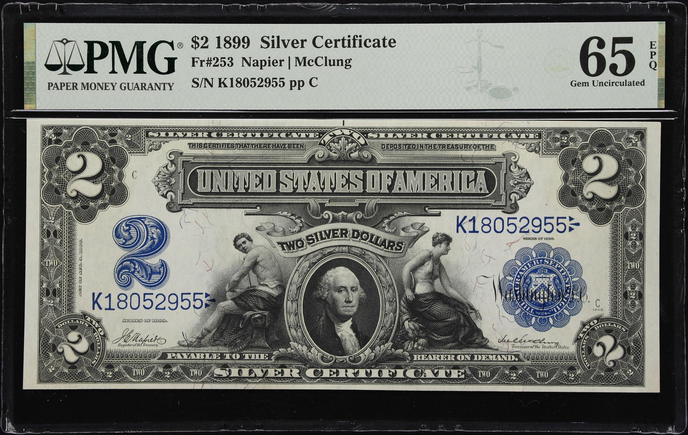 image for: Fr. 253. 1899 $2 Silver Certificate. PMG Gem Uncirculated 65 EPQ.