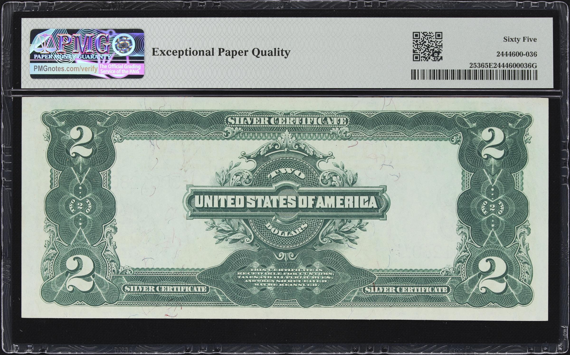 image for: Fr. 253. 1899 $2 Silver Certificate. PMG Gem Uncirculated 65 EPQ. Lee McClung Courtesy Autograph.