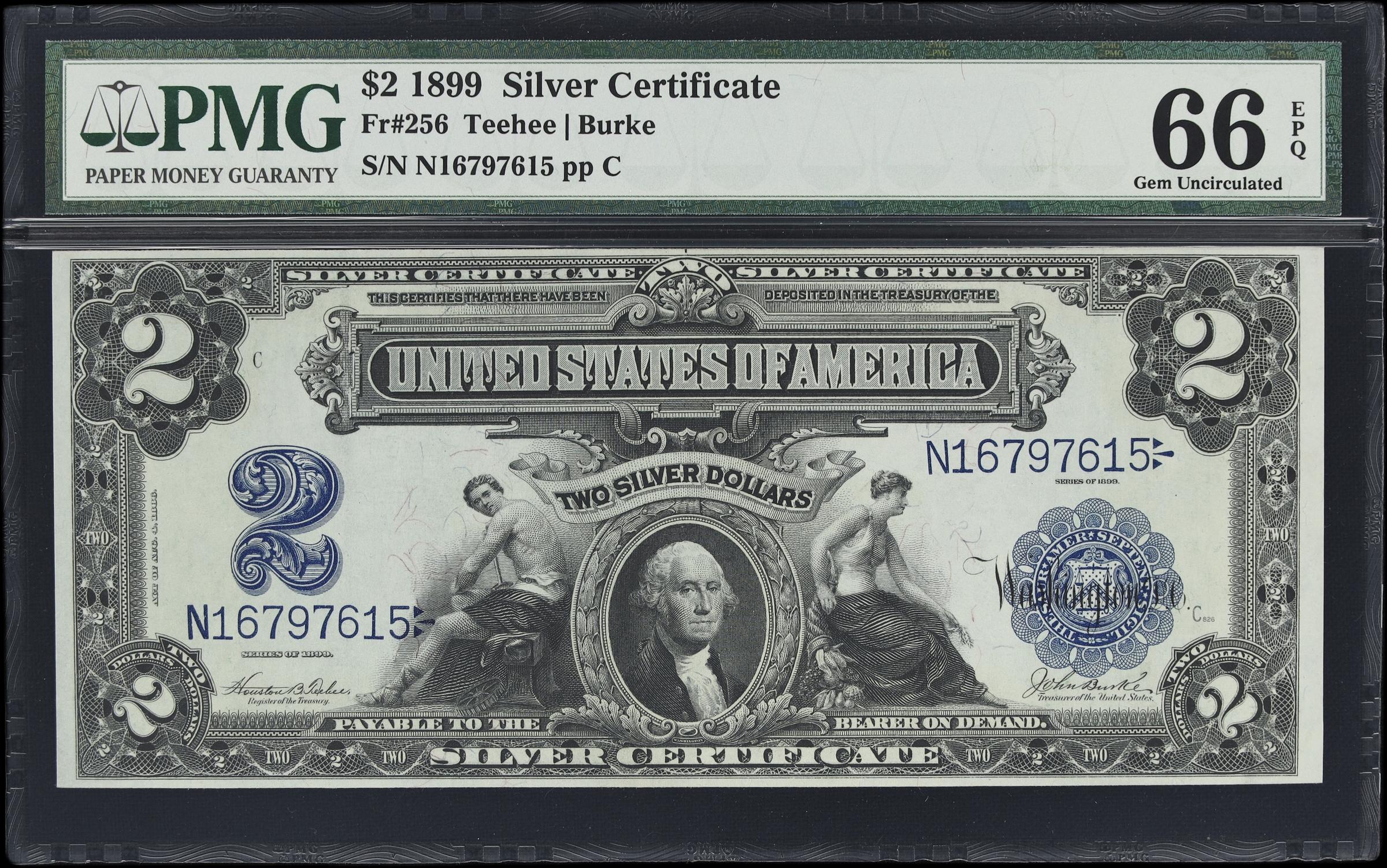 image for: Fr. 256. 1899 $2 Silver Certificate. PMG Gem Uncirculated 66 EPQ.