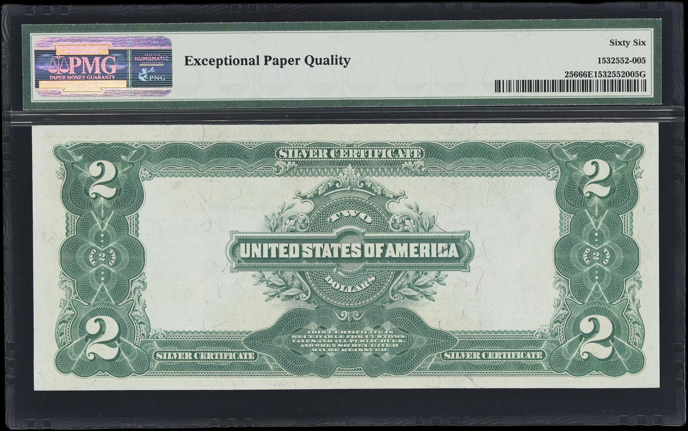 image for: Fr. 256. 1899 $2 Silver Certificate. PMG Gem Uncirculated 66 EPQ.