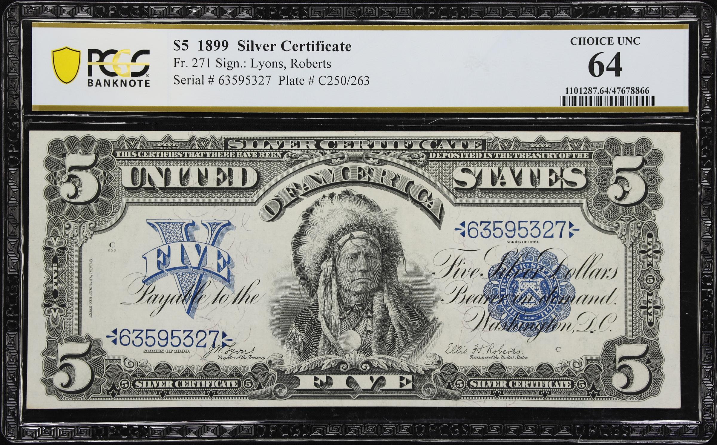 image for: Fr. 271. 1899 $5 Silver Certificate. PCGS Banknote Choice Uncirculated 64.