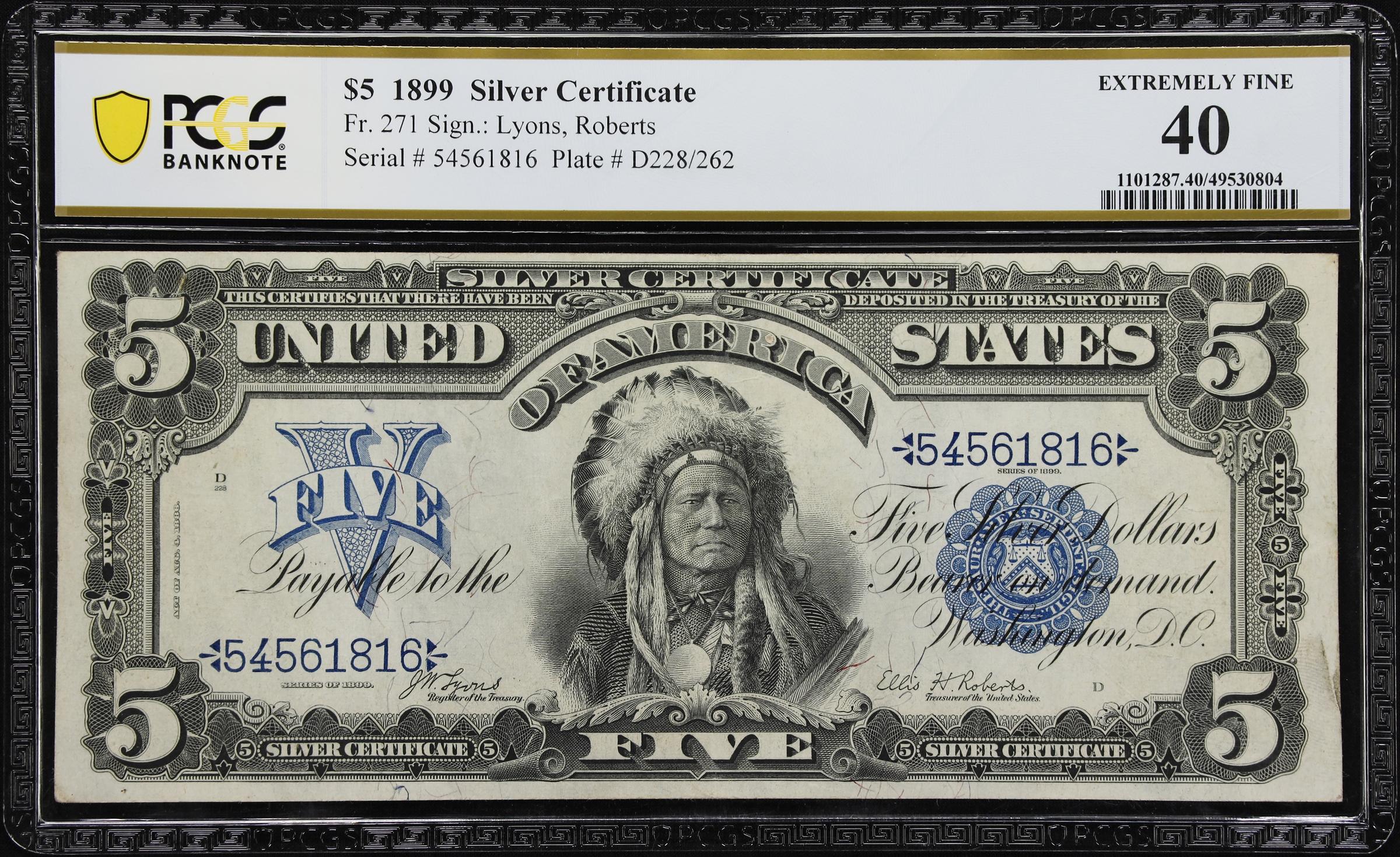 image for: Fr. 271. 1899 $5 Silver Certificate. PCGS Banknote Extremely Fine 40.
